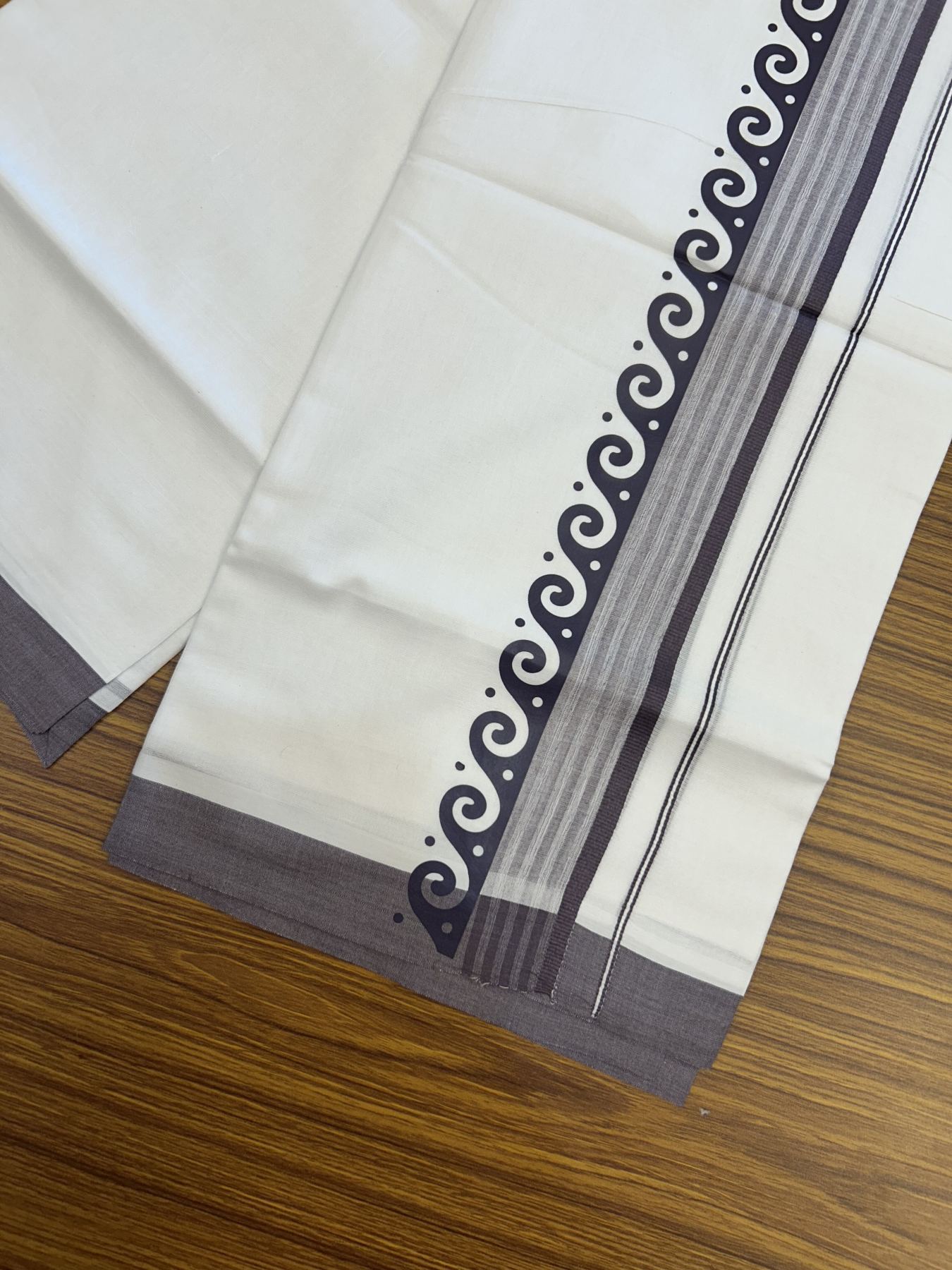 20% Discount ! KaithariKada Balaramapuram Cotton Double Pure white Mundu/Dhoti- 80s - 2.5 inch Dark Purple Ash Printed Shade Stripes Design Kara - 3.65 mtr (8 muzham) - 43 KK5329 GAN