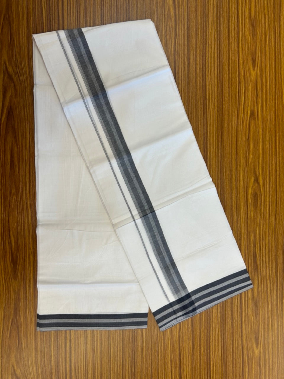 20% Discount ! Kaitharikada Balaramapuram 100% Cotton PURE WHITE Double Mundu/Dothi - 100x80 - 1.25 inch Black Shaded Striped Kara 3.90 mtr (8 muzham) - 76 KK5294 THI
