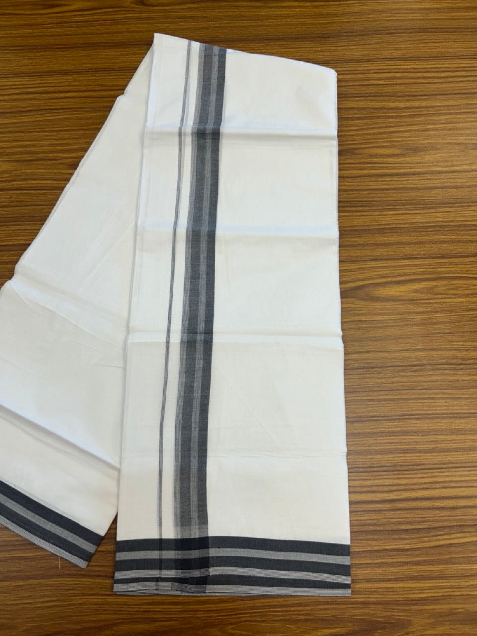 20% Discount ! Kaitharikada Balaramapuram 100% Cotton PURE WHITE Double Mundu/Dothi - 100x80 - 1.25 inch Black Shaded Striped Kara 3.90 mtr (8 muzham) - 76 KK5294 THI