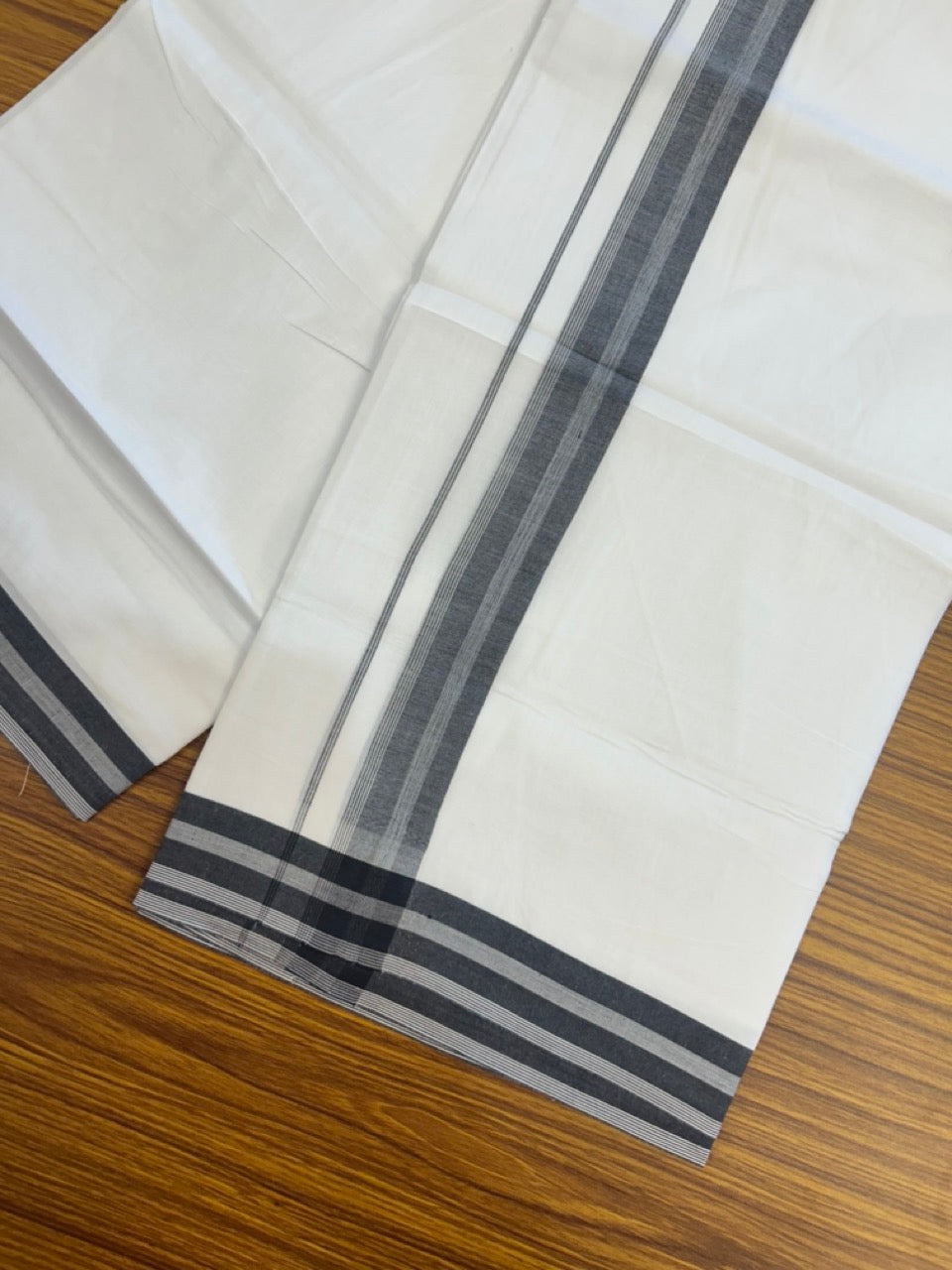 20% Discount ! Kaitharikada Balaramapuram 100% Cotton PURE WHITE Double Mundu/Dothi - 100x80 - 1.25 inch Black Shaded Striped Kara 3.90 mtr (8 muzham) - 76 KK5294 THI