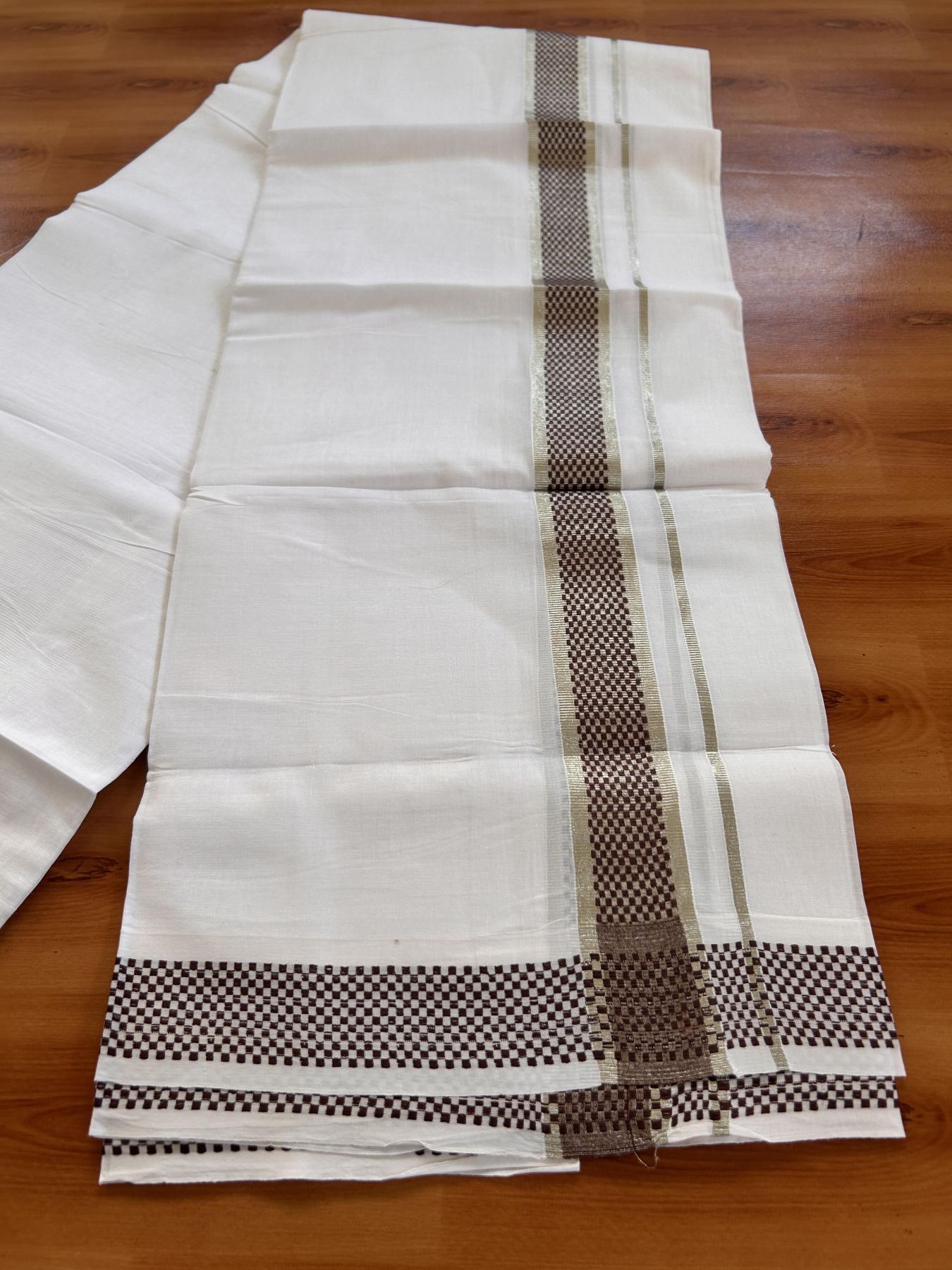20% Discount ! KaithariKada Balaramapuram 100% Cotton Double Pure White Mundu/Dhoti - 100X80 - 1.5 inch Silver Kasav & Dark Brown Check Jacquard Design kara 3.90 mtr (8 Muzham) - 8 KK5432 PMC