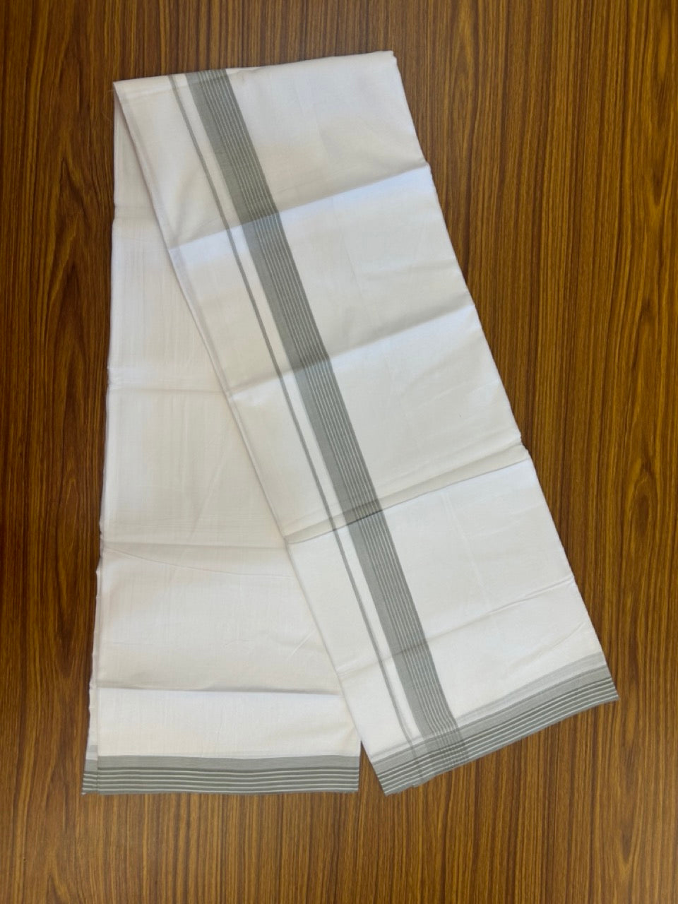 20% Discount ! Kaitharikada Balaramapuram 100% Cotton PURE WHITE Double Mundu/Dothi - 100x80 - 1.25 inch Ash Green Shaded Striped Kara 3.90 mtr (8 muzham) - 77 KK5294 THI
