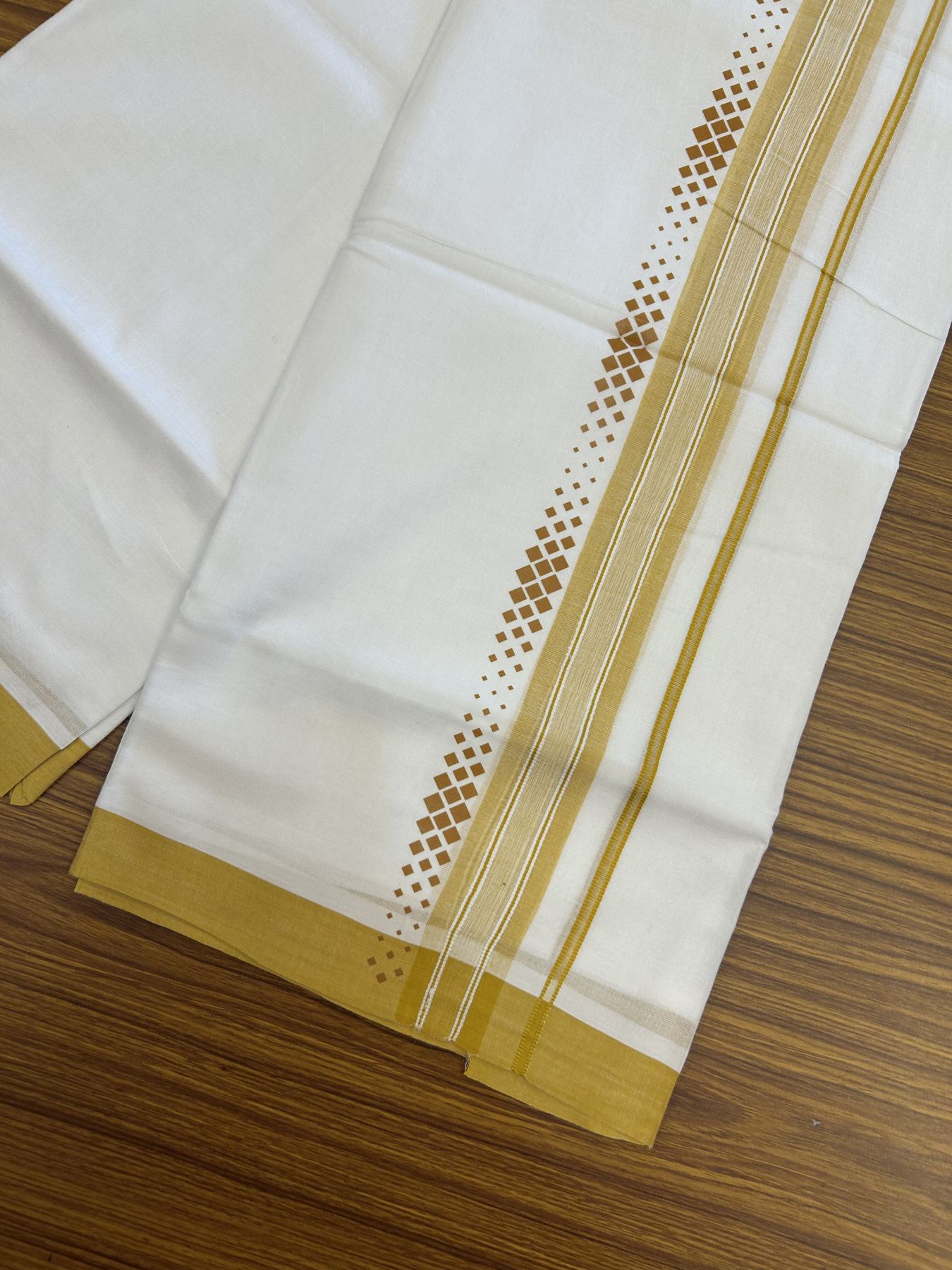 20% Discount ! KaithariKada Balaramapuram Cotton Double Pure white Mundu/Dhoti- 80s - 2.5 inch Yellow Printed Shade Stripes Design Kara - 3.65 mtr (8 muzham) - 13 KK5329 GAN