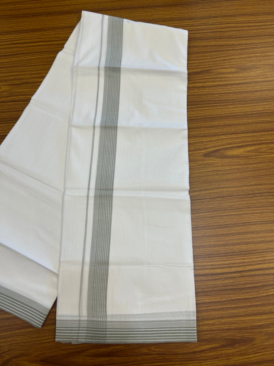 20% Discount ! Kaitharikada Balaramapuram 100% Cotton PURE WHITE Double Mundu/Dothi - 100x80 - 1.25 inch Ash Green Shaded Striped Kara 3.90 mtr (8 muzham) - 77 KK5294 THI