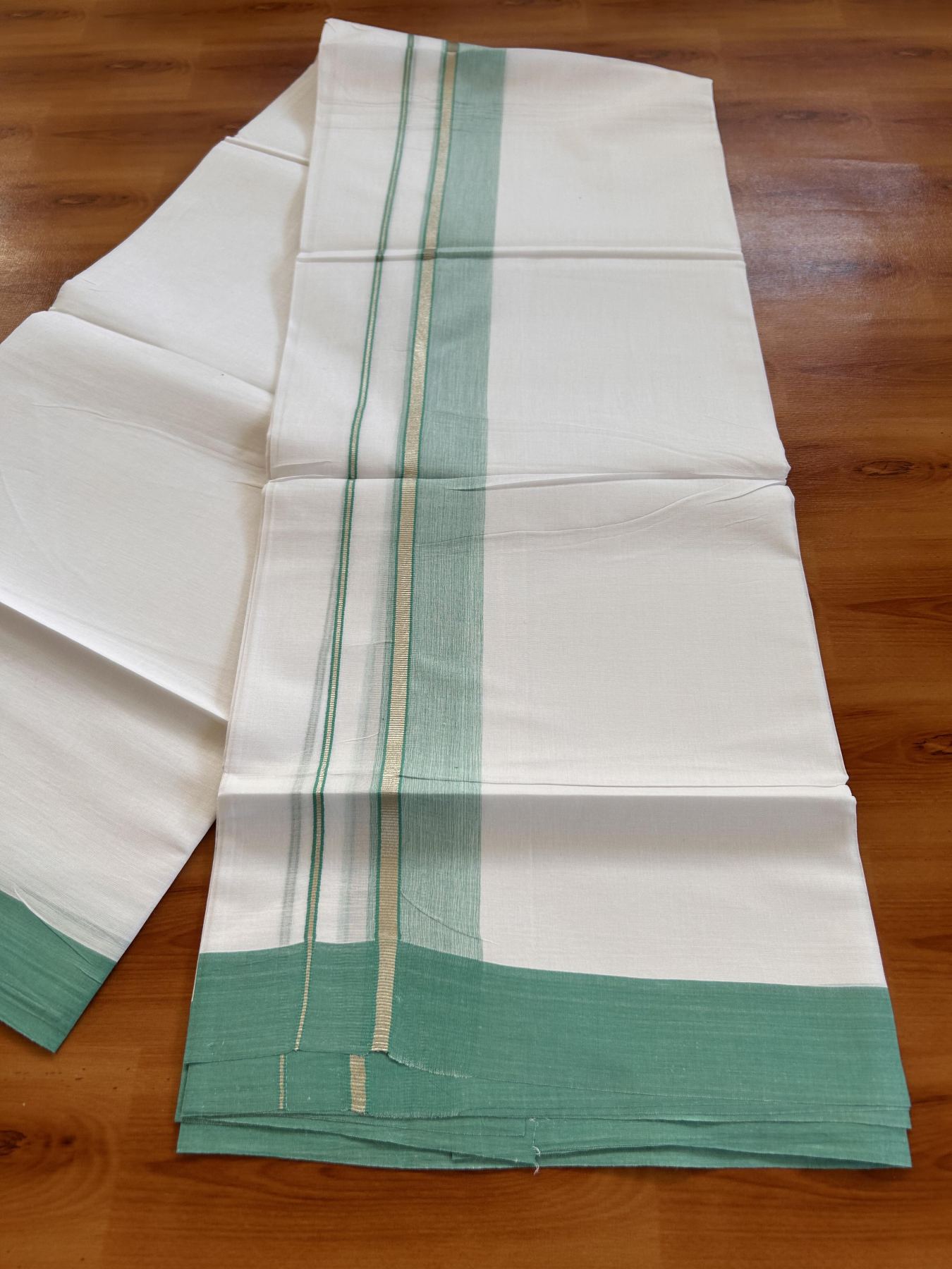 Pure White Double Mundu/Dhoti - 20% Discount ! Kaitharikada Balaramapuram 100% Cotton - 100x80 - 1.5 inch Silver Kasav & Blue Green Shaded Striped Kara 3.90 m (8 muzham) - 28 KK5432 PMC