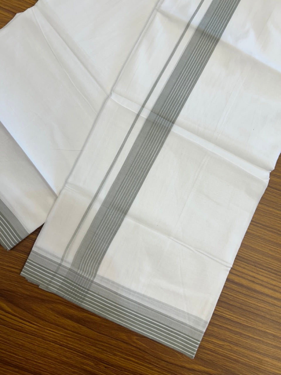 20% Discount ! Kaitharikada Balaramapuram 100% Cotton PURE WHITE Double Mundu/Dothi - 100x80 - 1.25 inch Ash Green Shaded Striped Kara 3.90 mtr (8 muzham) - 77 KK5294 THI