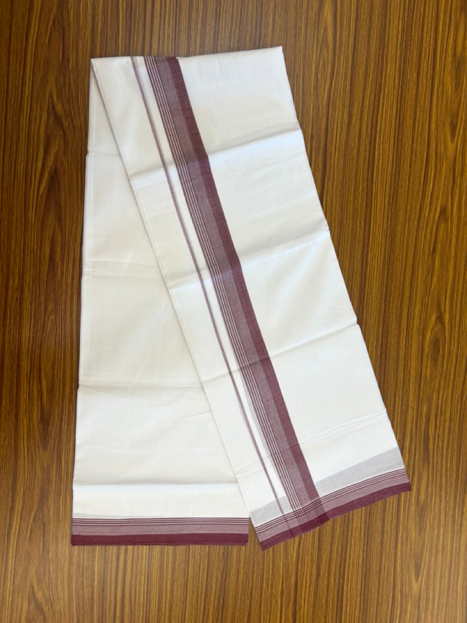 20% Discount ! Kaitharikada Balaramapuram 100% Cotton PURE WHITE Double Mundu/Dothi - 100x80 - 1.5 inch Maroon Shaded Striped Kara 3.90 mtr (8 muzham) - 78 KK5294 THI