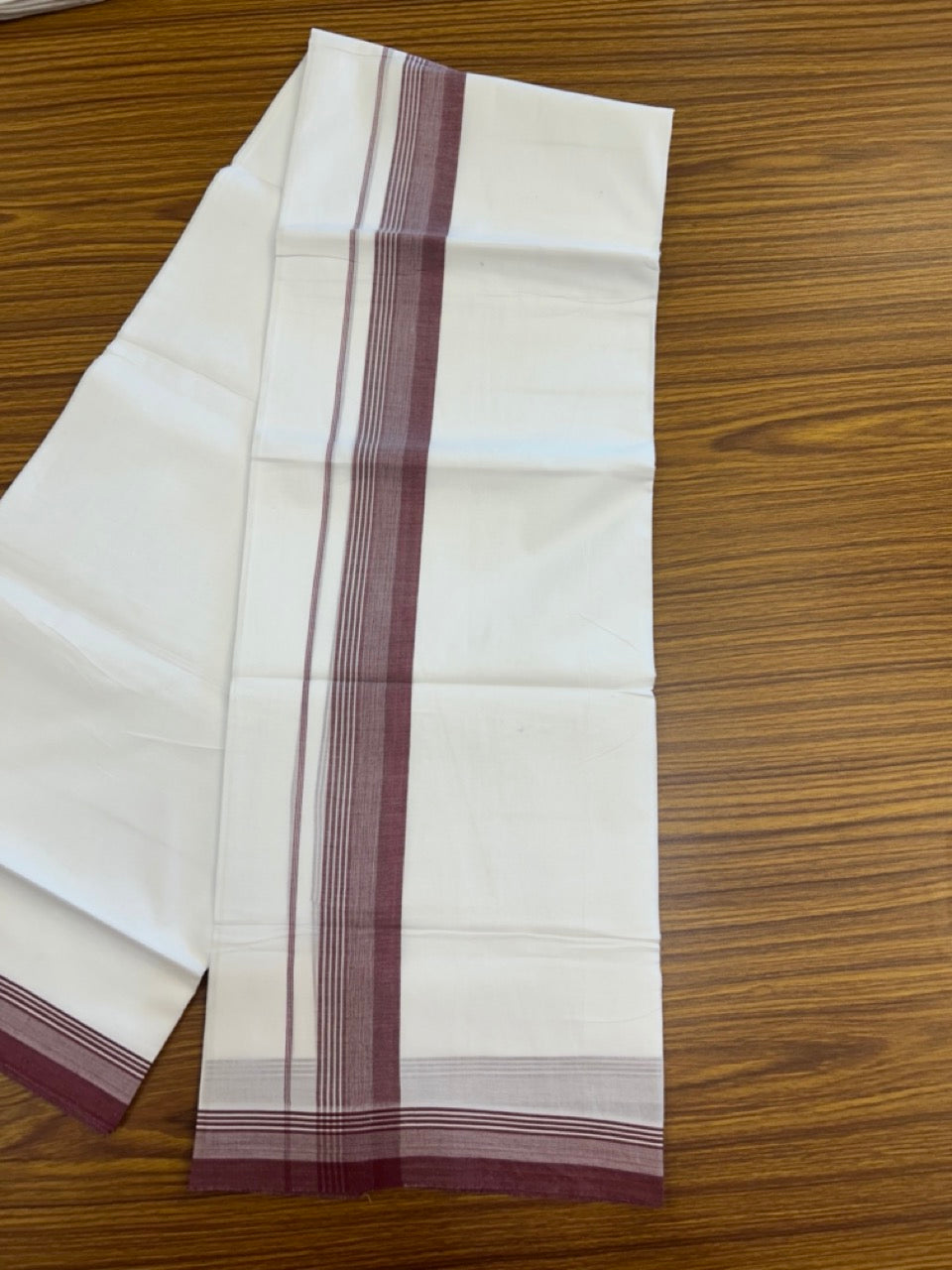 20% Discount ! Kaitharikada Balaramapuram 100% Cotton PURE WHITE Double Mundu/Dothi - 100x80 - 1.5 inch Maroon Shaded Striped Kara 3.90 mtr (8 muzham) - 78 KK5294 THI