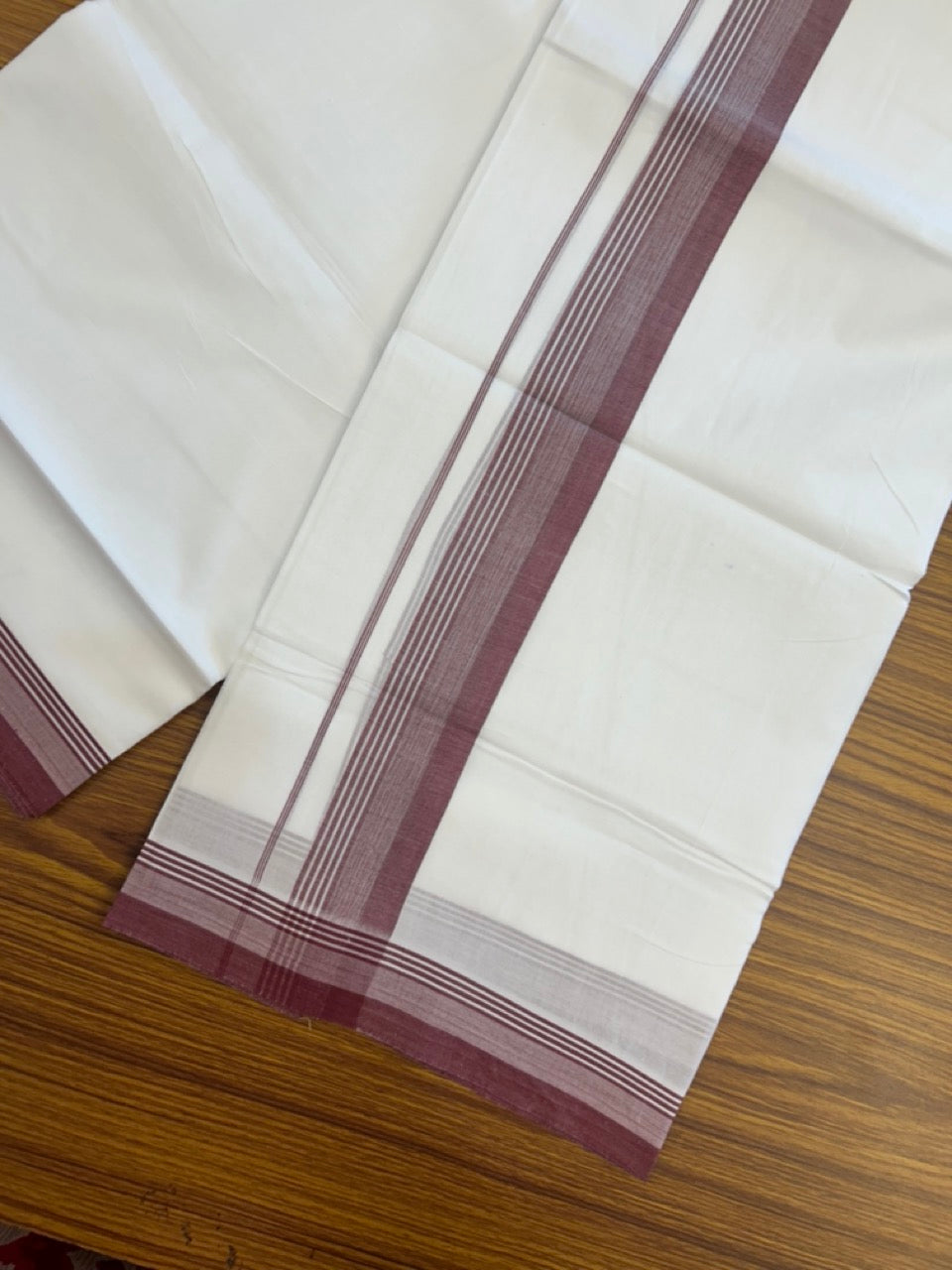 20% Discount ! Kaitharikada Balaramapuram 100% Cotton PURE WHITE Double Mundu/Dothi - 100x80 - 1.5 inch Maroon Shaded Striped Kara 3.90 mtr (8 muzham) - 78 KK5294 THI