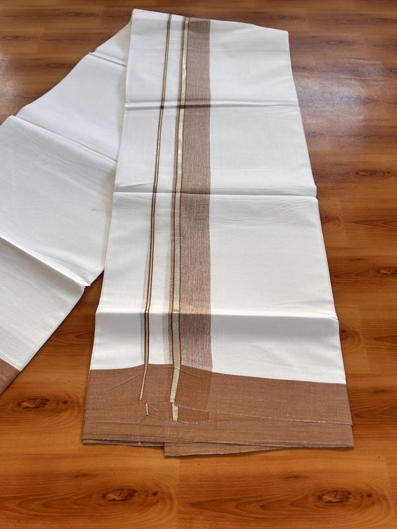 Pure White Double Mundu/Dhoti - 20% Discount ! Kaitharikada Balaramapuram 100% Cotton - 100x80 - 1.5 inch Silver Kasav & Brown Shaded Striped Kara 3.90 m (8 muzham) - 31 KK5432 PMC