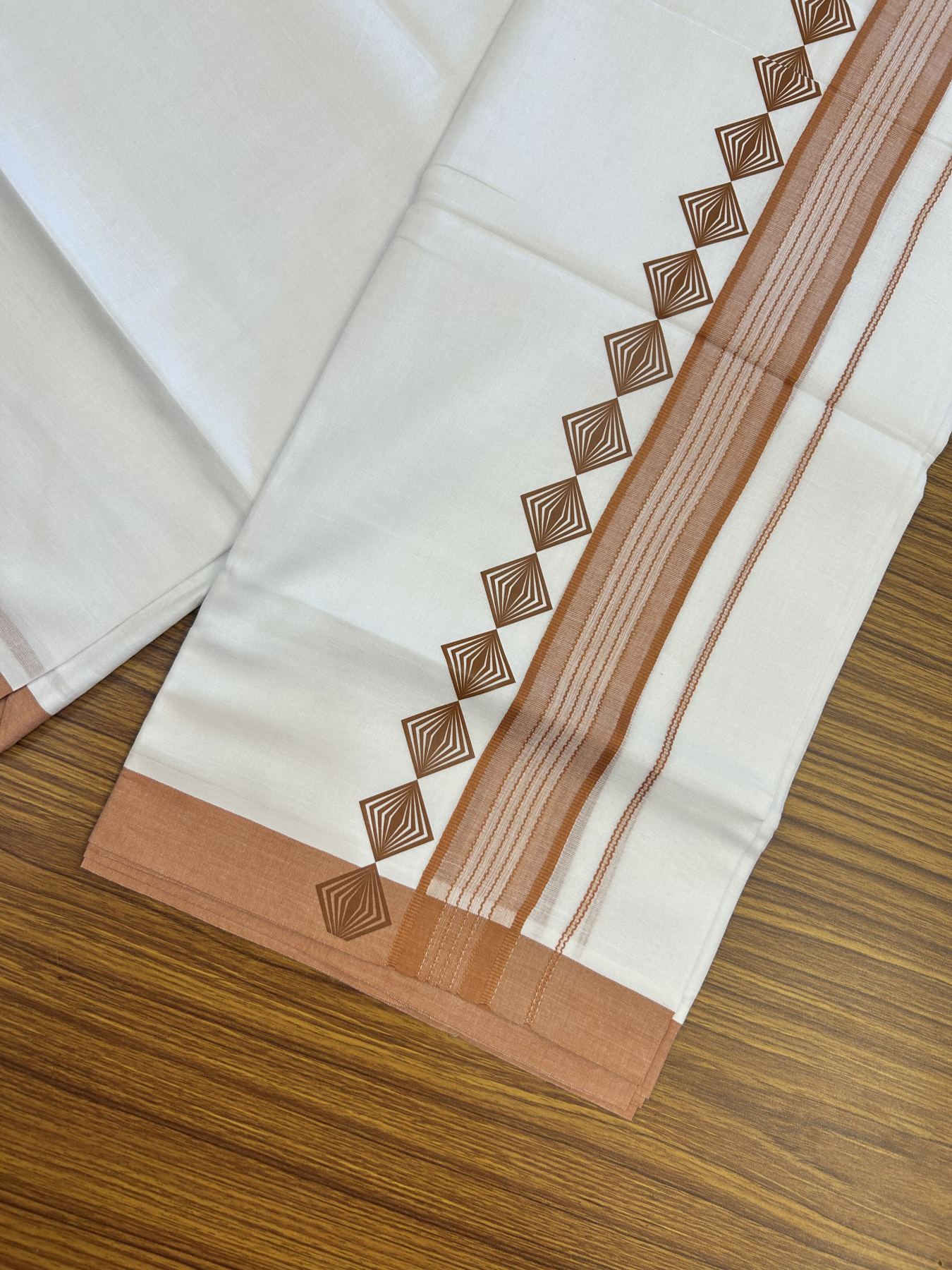 20% Discount ! KaithariKada Balaramapuram Cotton Double Pure white Mundu/Dhoti- 80s - 2.5 inch Brown Printed Shade Stripes Design Kara - 3.65 mtr (8 muzham) - 3 KK5329 GAN