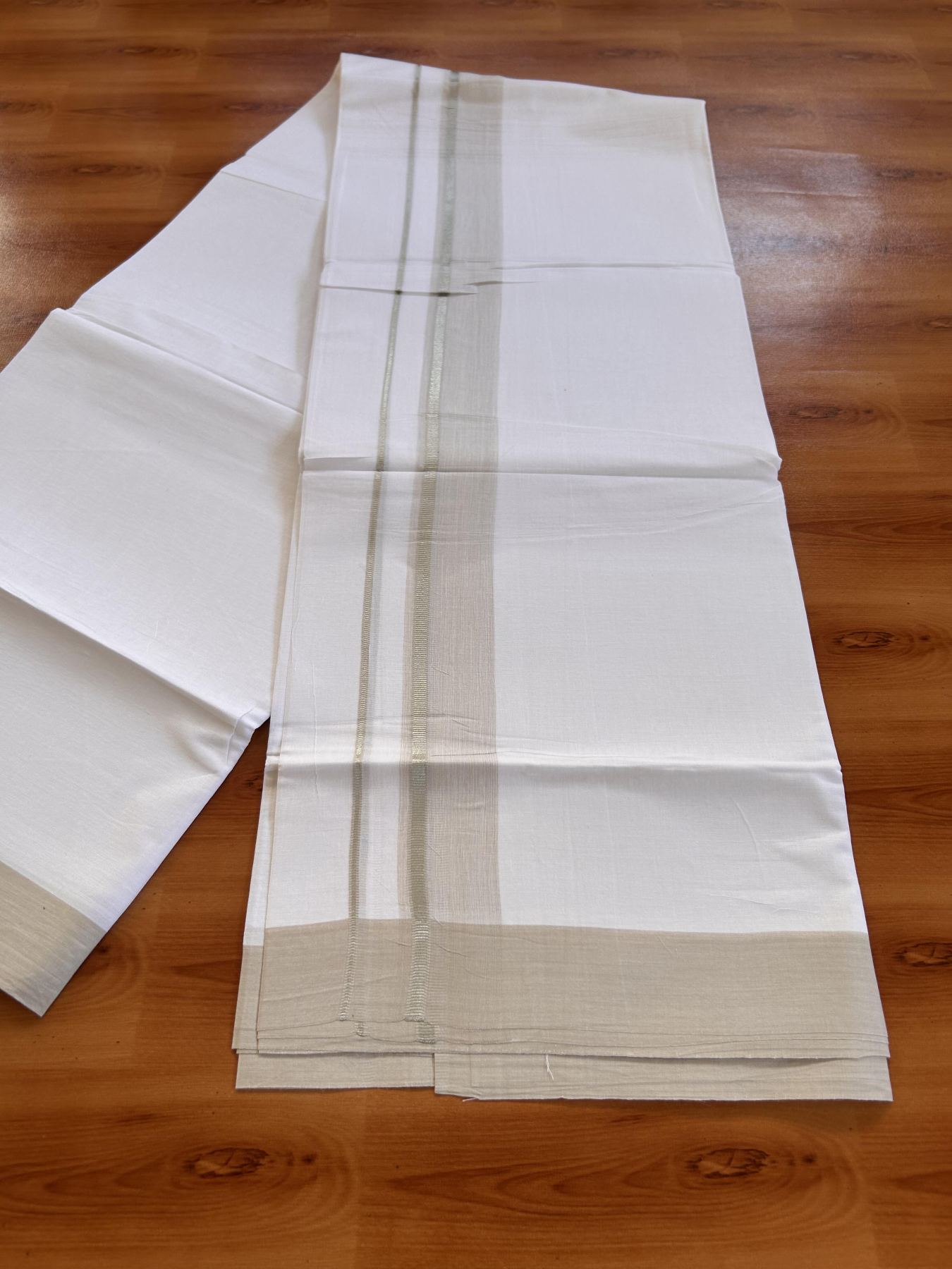 Pure White Double Mundu/Dhoti - 20% Discount ! Kaitharikada Balaramapuram 100% Cotton - 100x80 - 1.5 inch Silver Kasav & Light Beige Shaded Striped Kara 3.90 m (8 muzham) - 32 KK5432 PMC