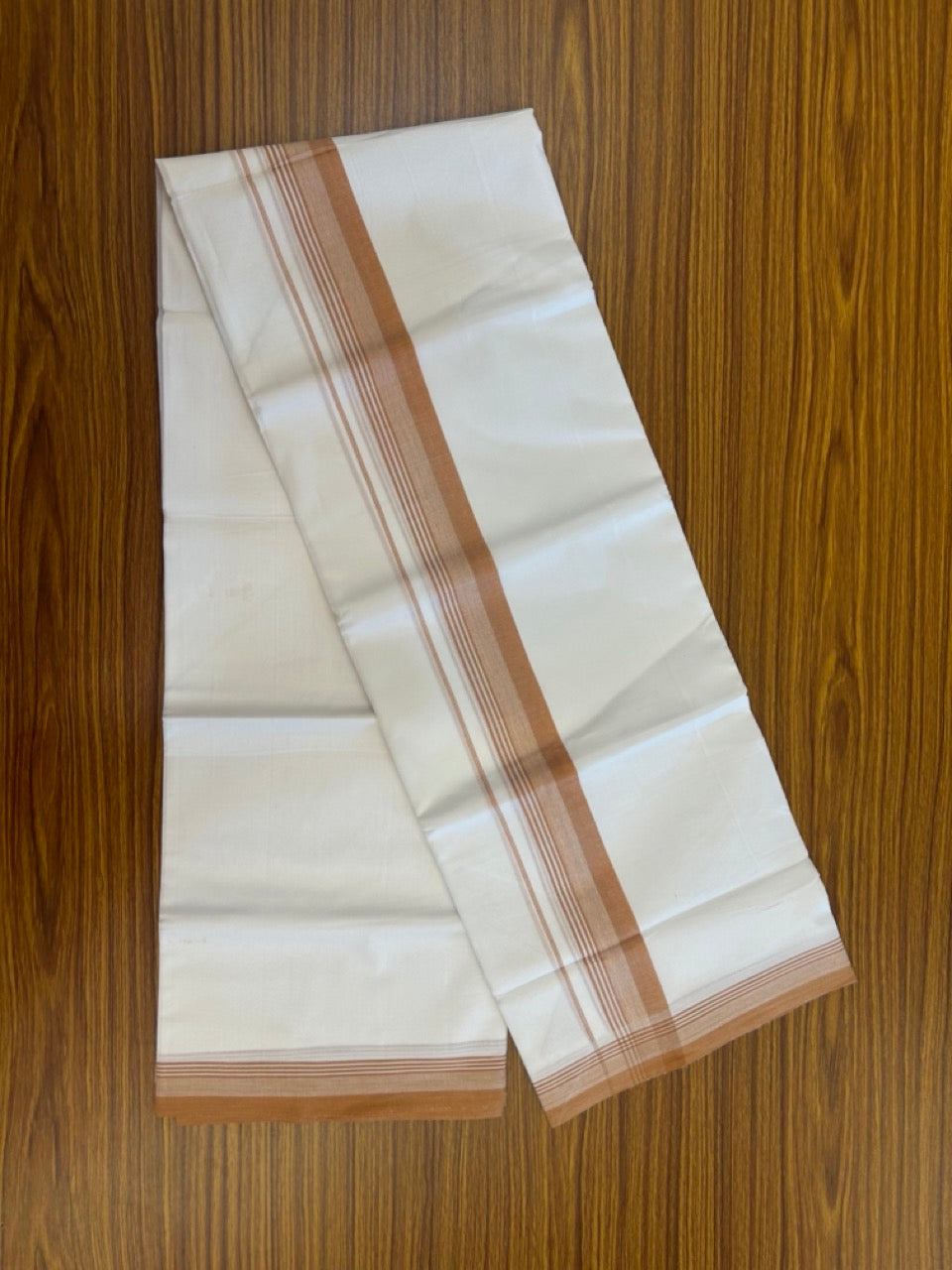 20% Discount ! Kaitharikada Balaramapuram 100% Cotton PURE WHITE Double Mundu/Dothi - 100x80 - 1.5 inch Light Orange Shaded Striped Kara 3.90 mtr (8 muzham) - 80 KK5294 THI
