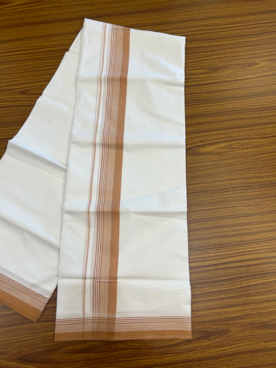 20% Discount ! Kaitharikada Balaramapuram 100% Cotton PURE WHITE Double Mundu/Dothi - 100x80 - 1.5 inch Light Orange Shaded Striped Kara 3.90 mtr (8 muzham) - 80 KK5294 THI