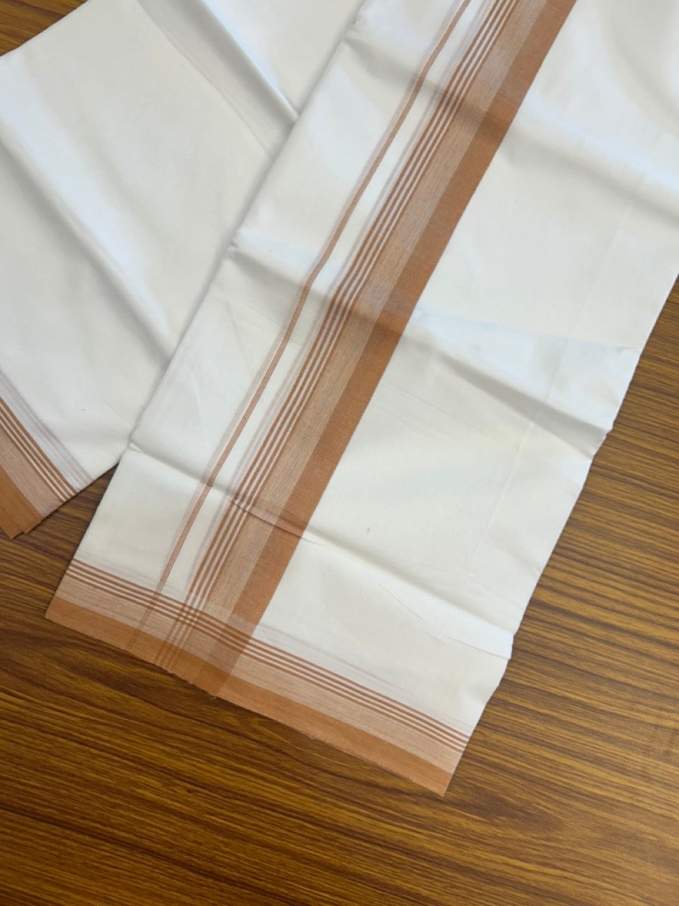 20% Discount ! Kaitharikada Balaramapuram 100% Cotton PURE WHITE Double Mundu/Dothi - 100x80 - 1.5 inch Light Orange Shaded Striped Kara 3.90 mtr (8 muzham) - 80 KK5294 THI