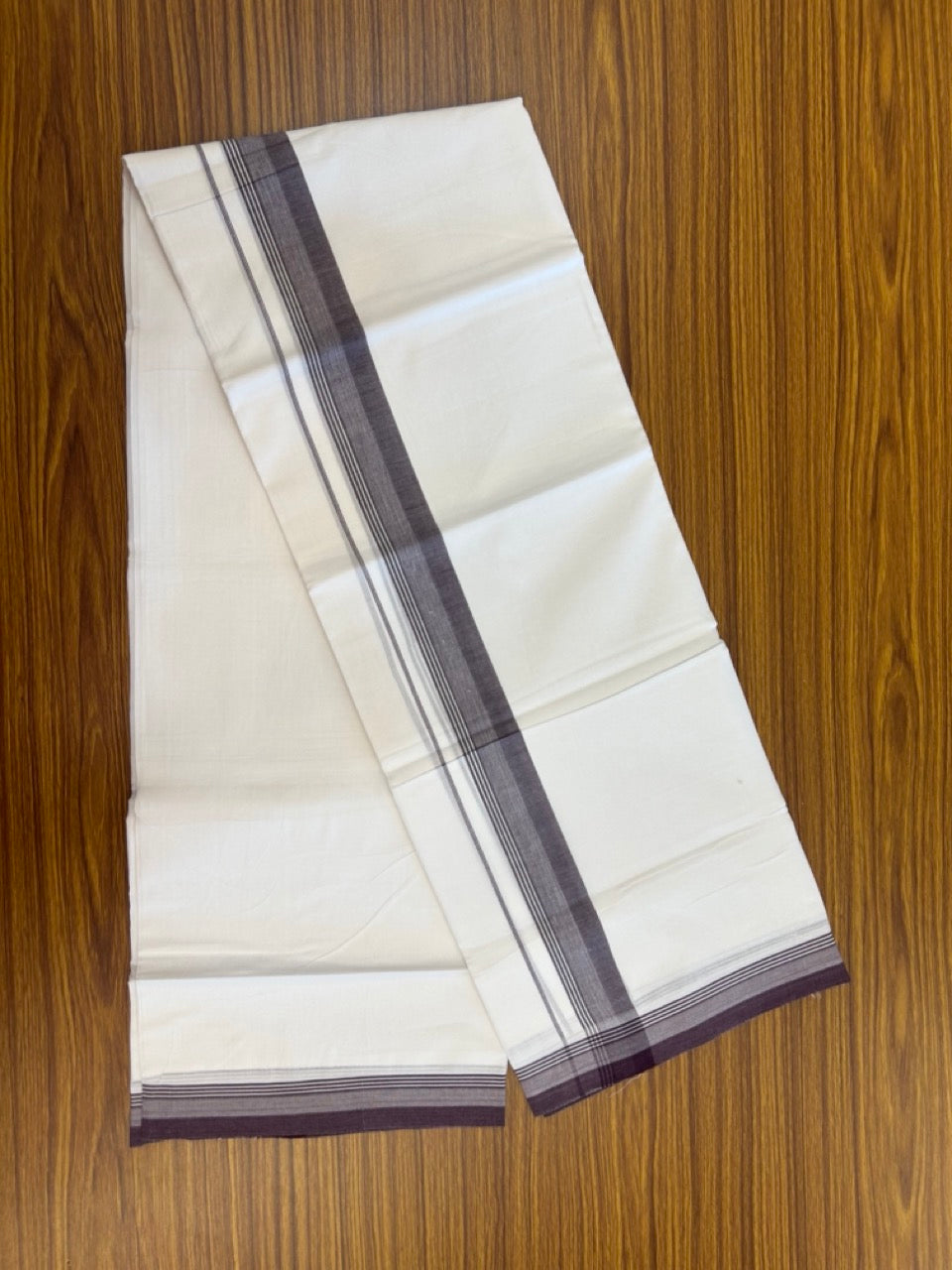 20% Discount ! Kaitharikada Balaramapuram 100% Cotton PURE WHITE Double Mundu/Dothi - 100x80 - 1.5 inch Purple Shaded Striped Kara 3.90 mtr (8 muzham) - 81 KK5294 THI