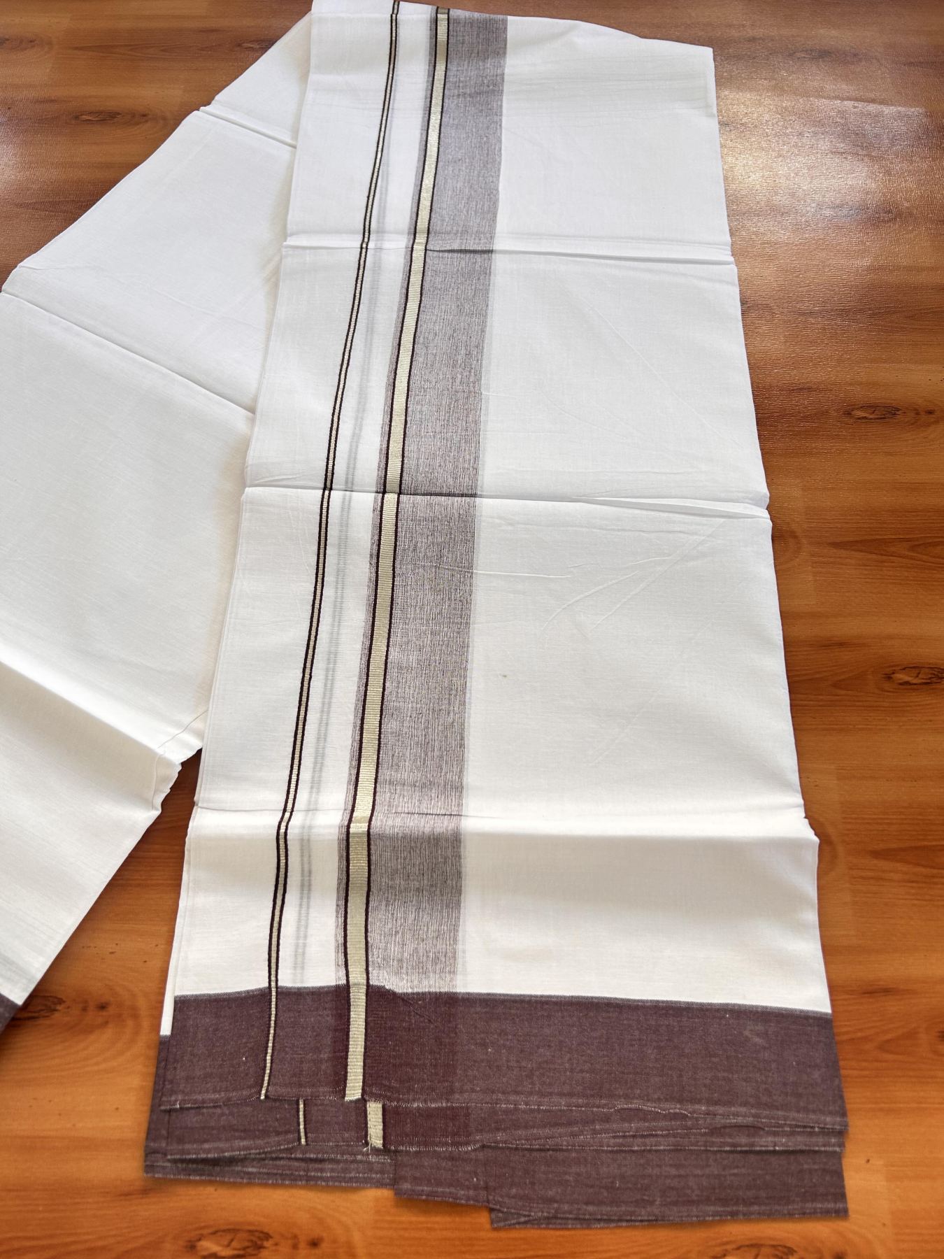 Pure White Double Mundu/Dhoti - 20% Discount ! Kaitharikada Balaramapuram 100% Cotton - 100x80 - 1.5 inch Silver Kasav & Dark Wine Shaded Striped Kara 3.90 m (8 muzham) - 33 KK5432 PMC