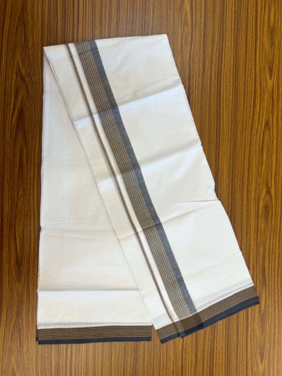20% Discount ! Kaitharikada Balaramapuram 100% Cotton PURE WHITE Double Mundu/Dothi - 100x80 - 1.5 inch Black & Brown Shaded Striped Kara 3.90 mtr (8 muzham) - 82 KK5294 THI