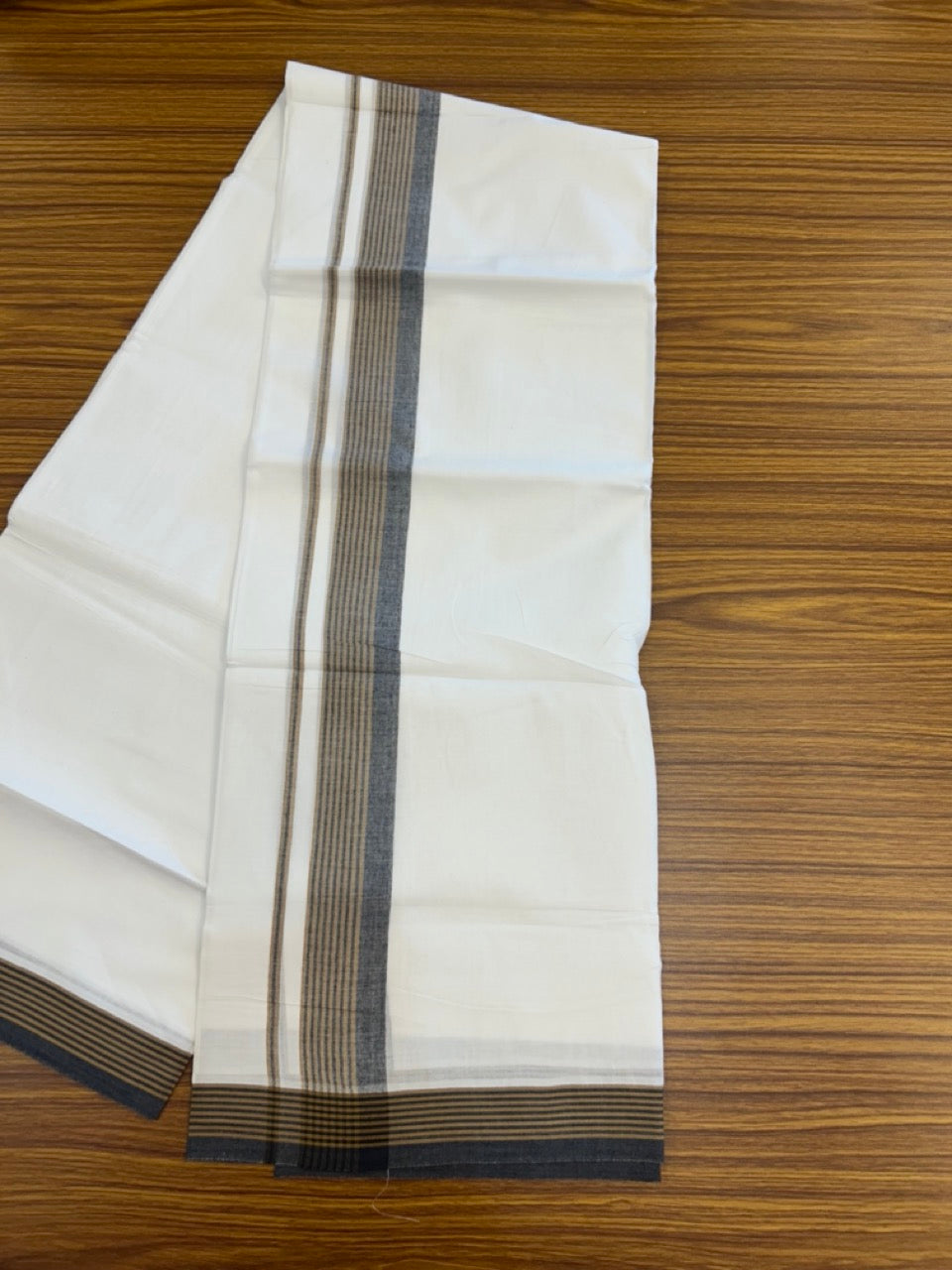 20% Discount ! Kaitharikada Balaramapuram 100% Cotton PURE WHITE Double Mundu/Dothi - 100x80 - 1.5 inch Black & Brown Shaded Striped Kara 3.90 mtr (8 muzham) - 82 KK5294 THI
