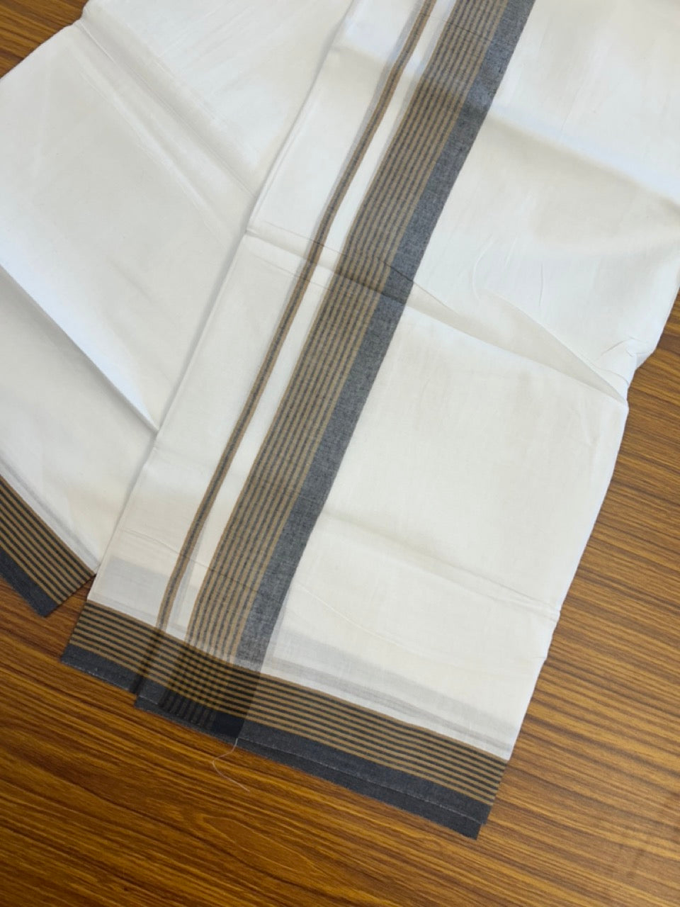 20% Discount ! Kaitharikada Balaramapuram 100% Cotton PURE WHITE Double Mundu/Dothi - 100x80 - 1.5 inch Black & Brown Shaded Striped Kara 3.90 mtr (8 muzham) - 82 KK5294 THI