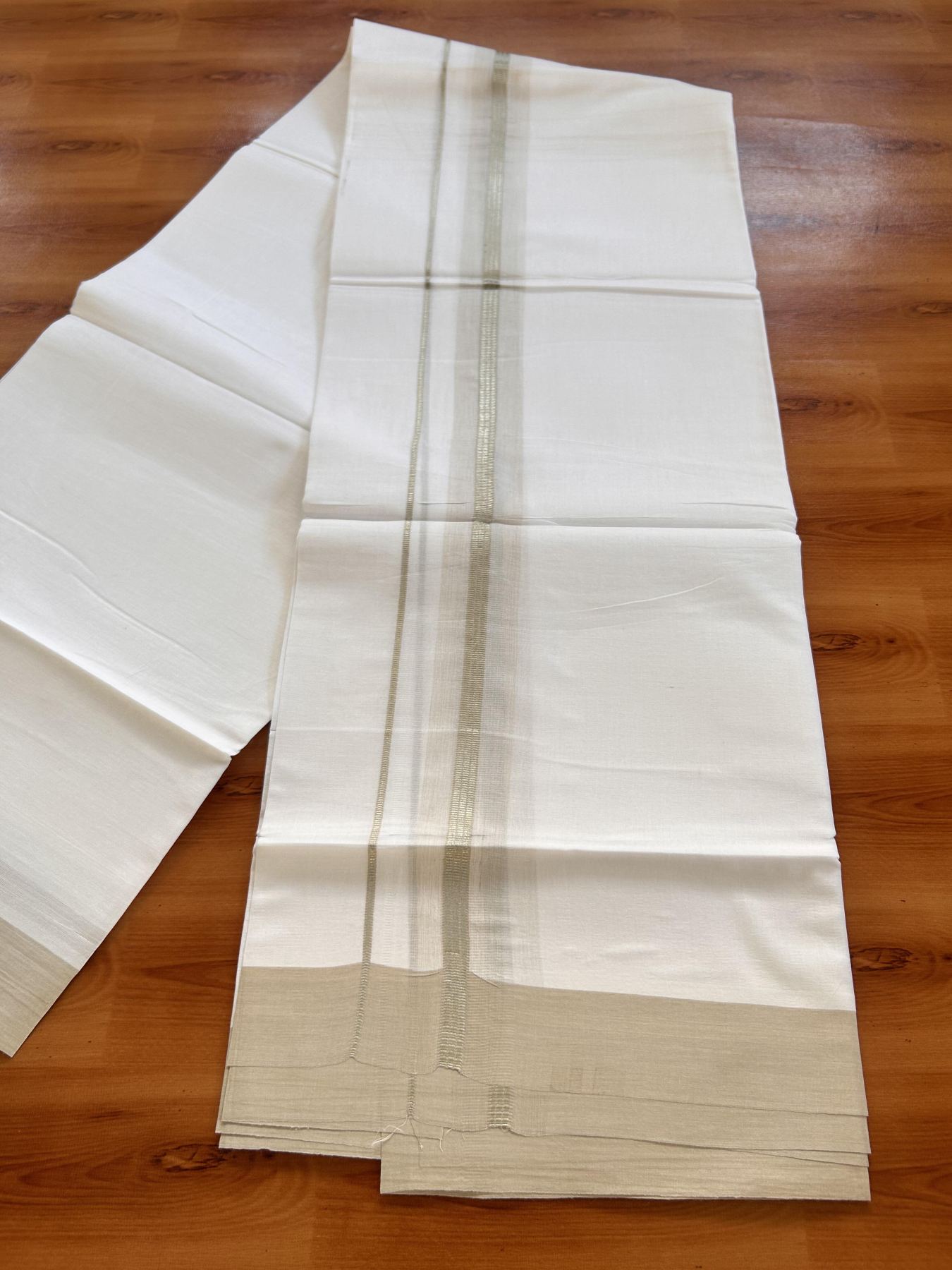Pure White Double Mundu/Dhoti - 20% Discount ! Kaitharikada Balaramapuram 100% Cotton - 100x80 - 1.5 inch Silver Kasav & Light Beige Shaded Striped Kara 3.90 m (8 muzham) - 17 KK5432 PMC