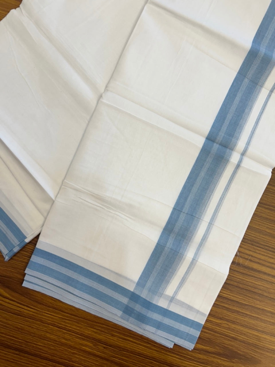 20% Discount ! Kaitharikada Balaramapuram 100% Cotton PURE WHITE Double Mundu/Dothi - 100x80 - 1.5 inch Blue Shaded Striped Kara 3.90 mtr (8 muzham) - 83 KK5294 THI
