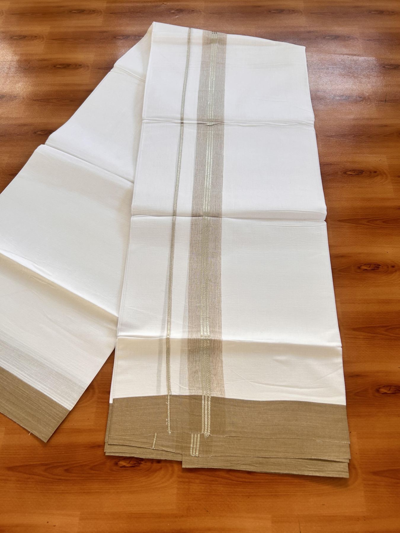 Pure White Double Mundu/Dhoti - 20% Discount ! Kaitharikada Balaramapuram 100% Cotton - 100x80 - 1.5 inch Silver Kasav & Tan Brown Shaded Striped Kara 3.90 m (8 muzham) - 19 KK5432 PMC