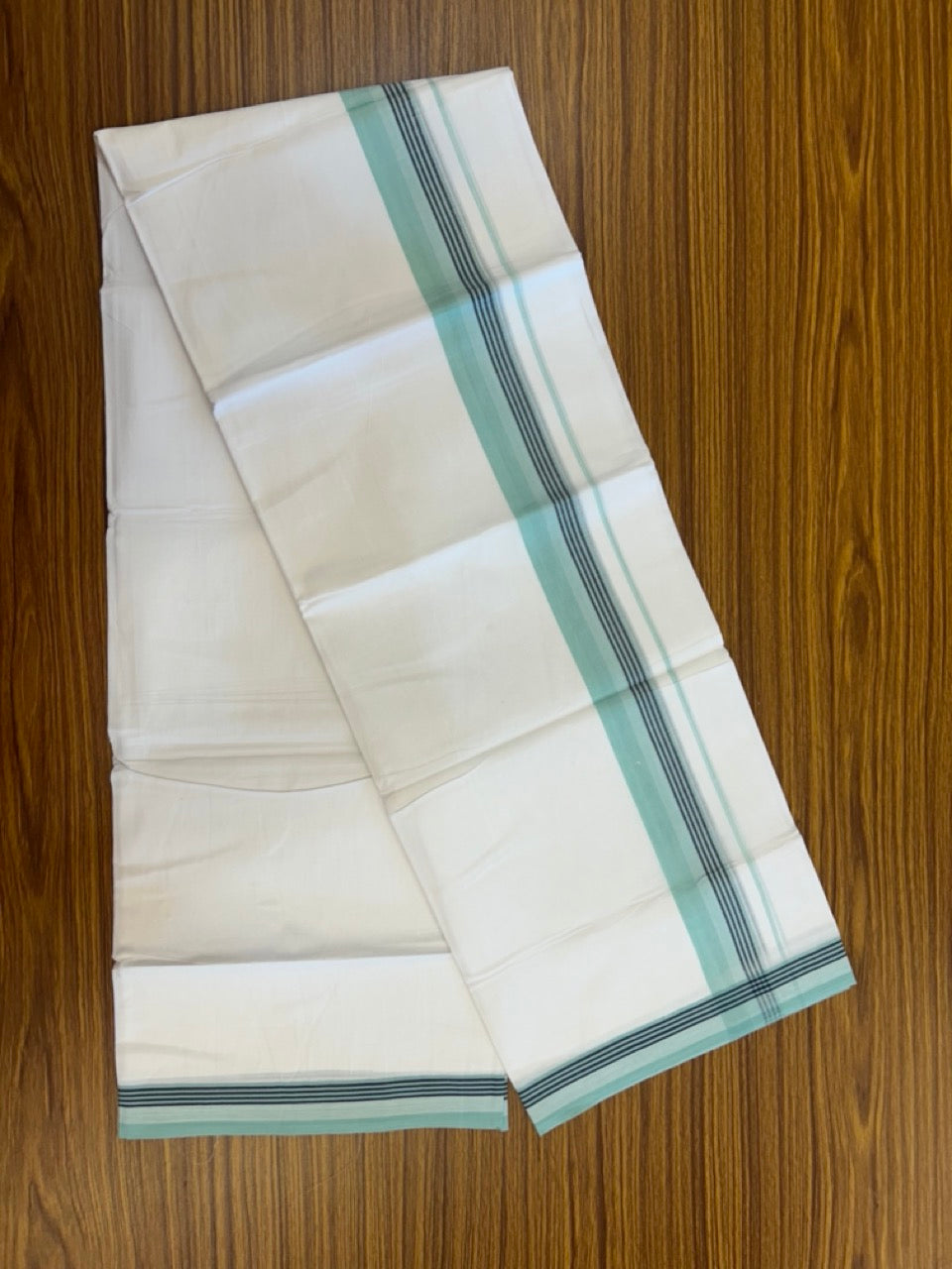 20% Discount ! Kaitharikada Balaramapuram 100% Cotton PURE WHITE Double Mundu/Dothi - 100x80 - 1.5 inch Turquoise Green & Blue Shaded Striped Kara 3.90 mtr (8 muzham) - 84 KK5294 THI