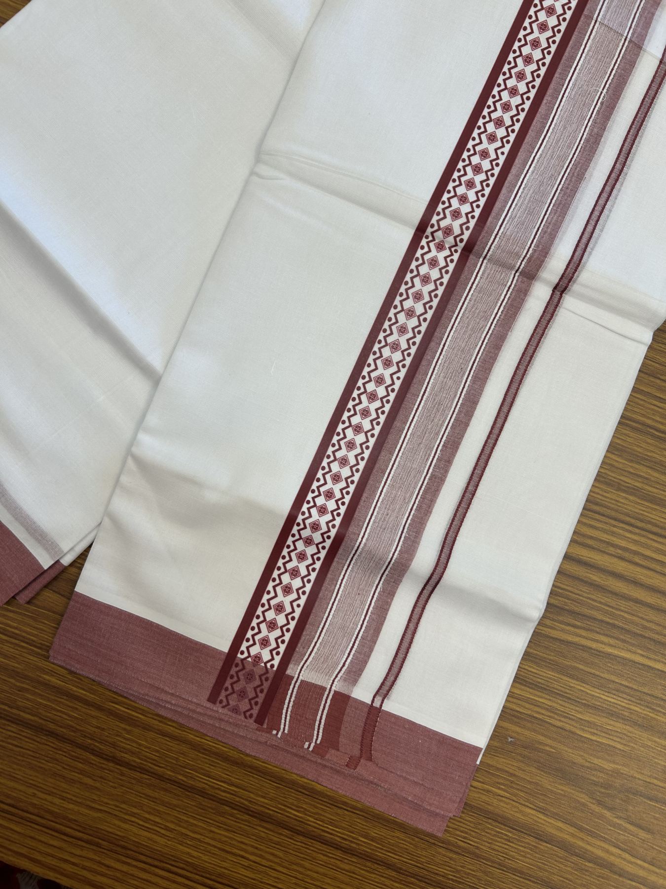 20% Discount ! KaithariKada Balaramapuram Cotton Double Pure white Mundu/Dhoti- 60s - 2.5 inch Maroon Printed Shade Stripes Design Kara - 3.65 mtr (8 muzham) - 35 KK5329 GAN