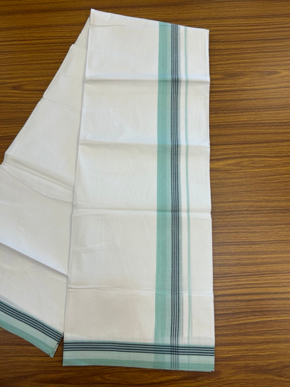 20% Discount ! Kaitharikada Balaramapuram 100% Cotton PURE WHITE Double Mundu/Dothi - 100x80 - 1.5 inch Turquoise Green & Blue Shaded Striped Kara 3.90 mtr (8 muzham) - 84 KK5294 THI