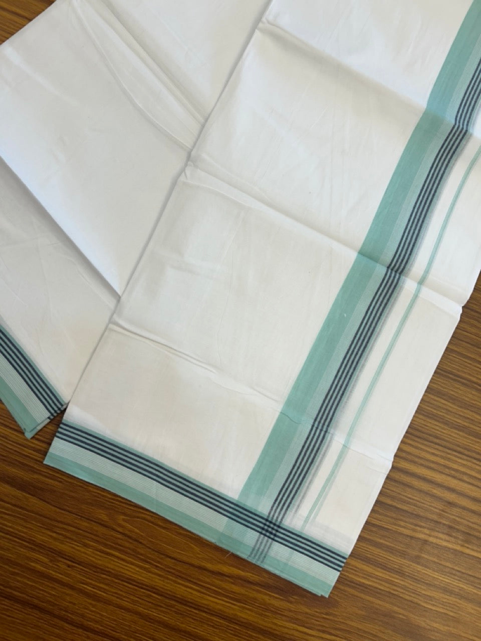 20% Discount ! Kaitharikada Balaramapuram 100% Cotton PURE WHITE Double Mundu/Dothi - 100x80 - 1.5 inch Turquoise Green & Blue Shaded Striped Kara 3.90 mtr (8 muzham) - 84 KK5294 THI