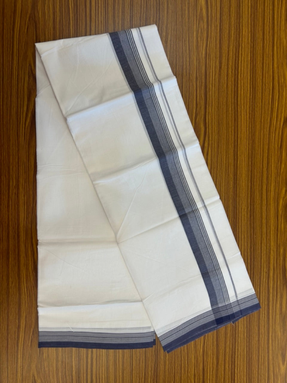 20% Discount ! Kaitharikada Balaramapuram 100% Cotton PURE WHITE Double Mundu/Dothi - 100x80 - 1.5 inch Navy Blue Shaded Striped Kara 3.90 mtr (8 muzham) - 85 KK5294 THI