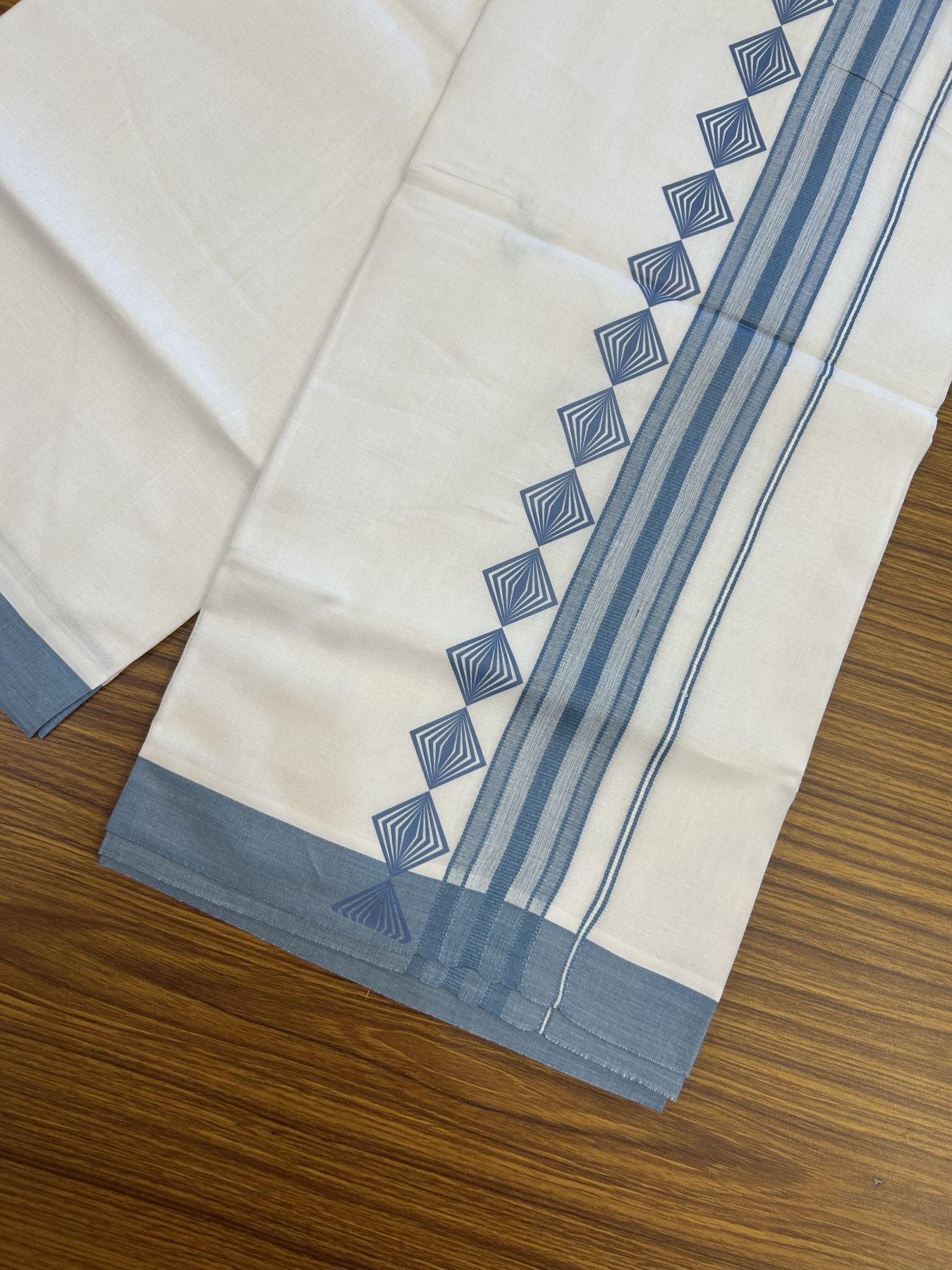 20% Discount ! KaithariKada Balaramapuram Cotton Double Pure white Mundu/Dhoti- 80s - 2.5 inch Ash Blue Printed Shade Stripes Design Kara - 3.65 mtr (8 muzham) - 10 KK5329 GAN