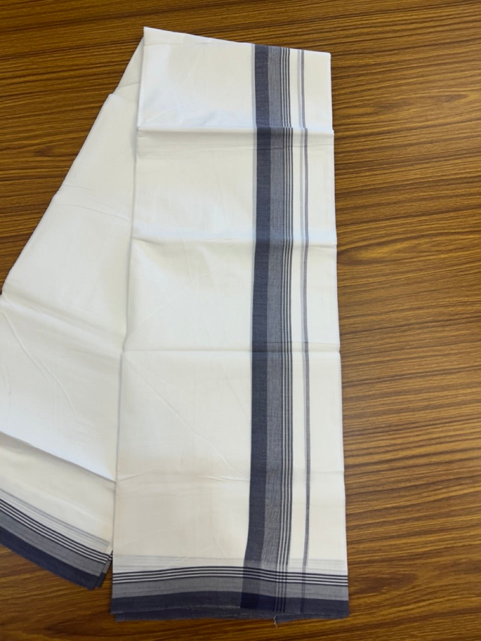 20% Discount ! Kaitharikada Balaramapuram 100% Cotton PURE WHITE Double Mundu/Dothi - 100x80 - 1.5 inch Navy Blue Shaded Striped Kara 3.90 mtr (8 muzham) - 85 KK5294 THI