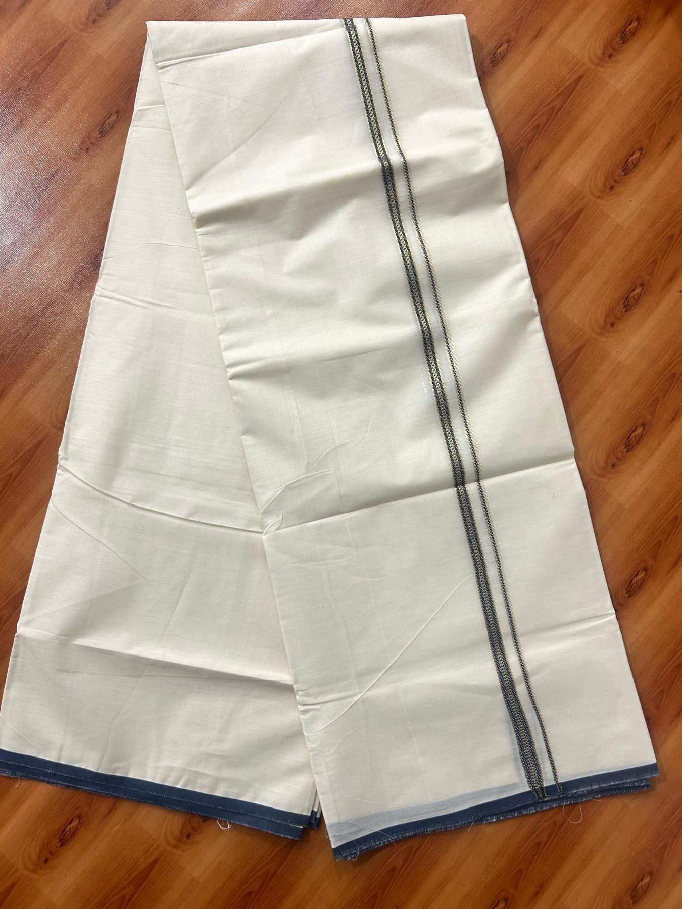 Double Off white (Unbleached) Mundu/Dhoti - 20% Discount! KaithariKada Pure Cotton (80s) - 1 cm Gold Kasav Peacock Blue Kara 4 mtr (8.5 muzham) - 15 KK5479 GAN