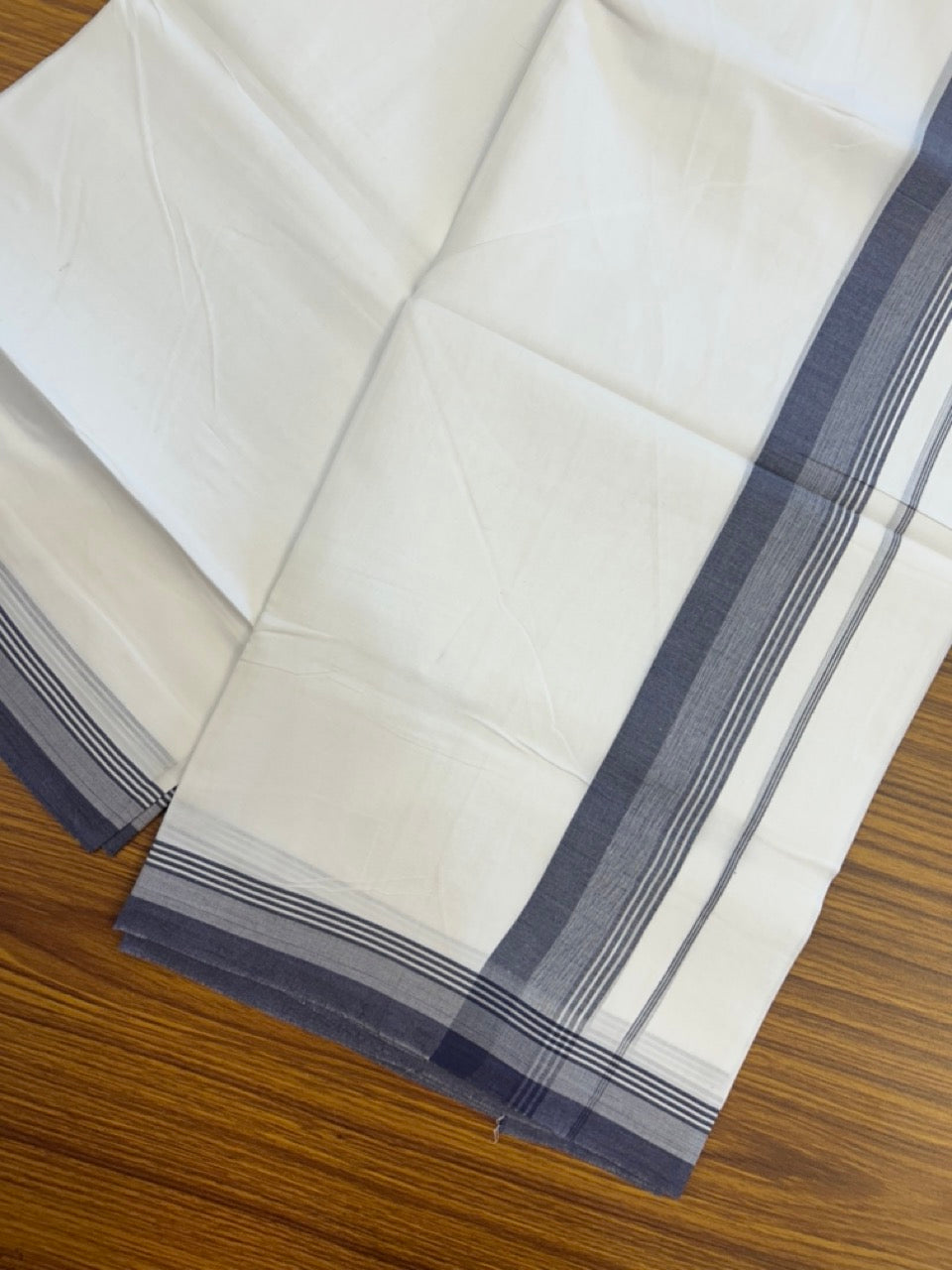 20% Discount ! Kaitharikada Balaramapuram 100% Cotton PURE WHITE Double Mundu/Dothi - 100x80 - 1.5 inch Navy Blue Shaded Striped Kara 3.90 mtr (8 muzham) - 85 KK5294 THI