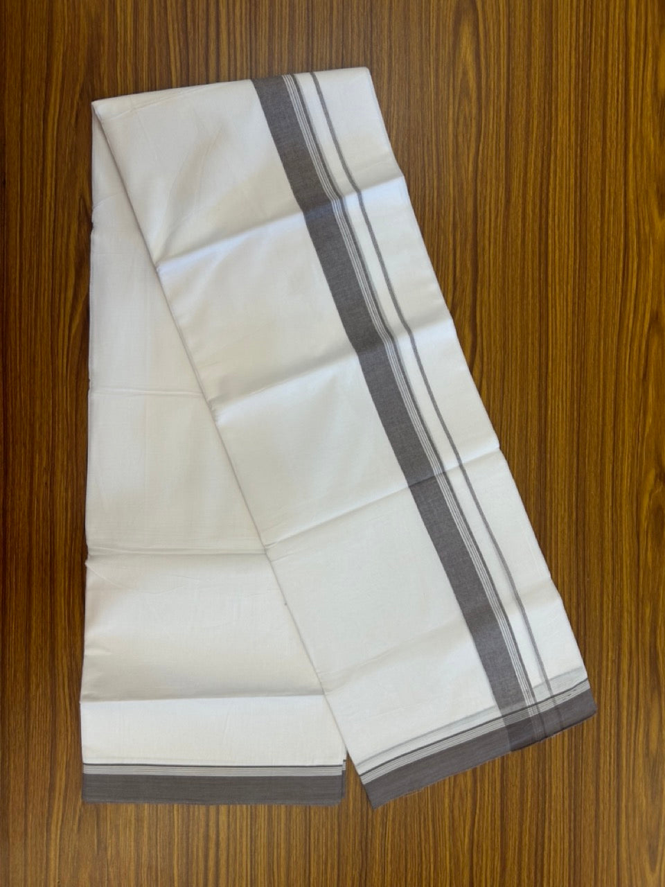 20% Discount ! Kaitharikada Balaramapuram 100% Cotton PURE WHITE Double Mundu/Dothi - 100x80 - 1.5 inch Purple Ash Shaded Striped Kara 3.90 mtr (8 muzham) - 86 KK5294 THI