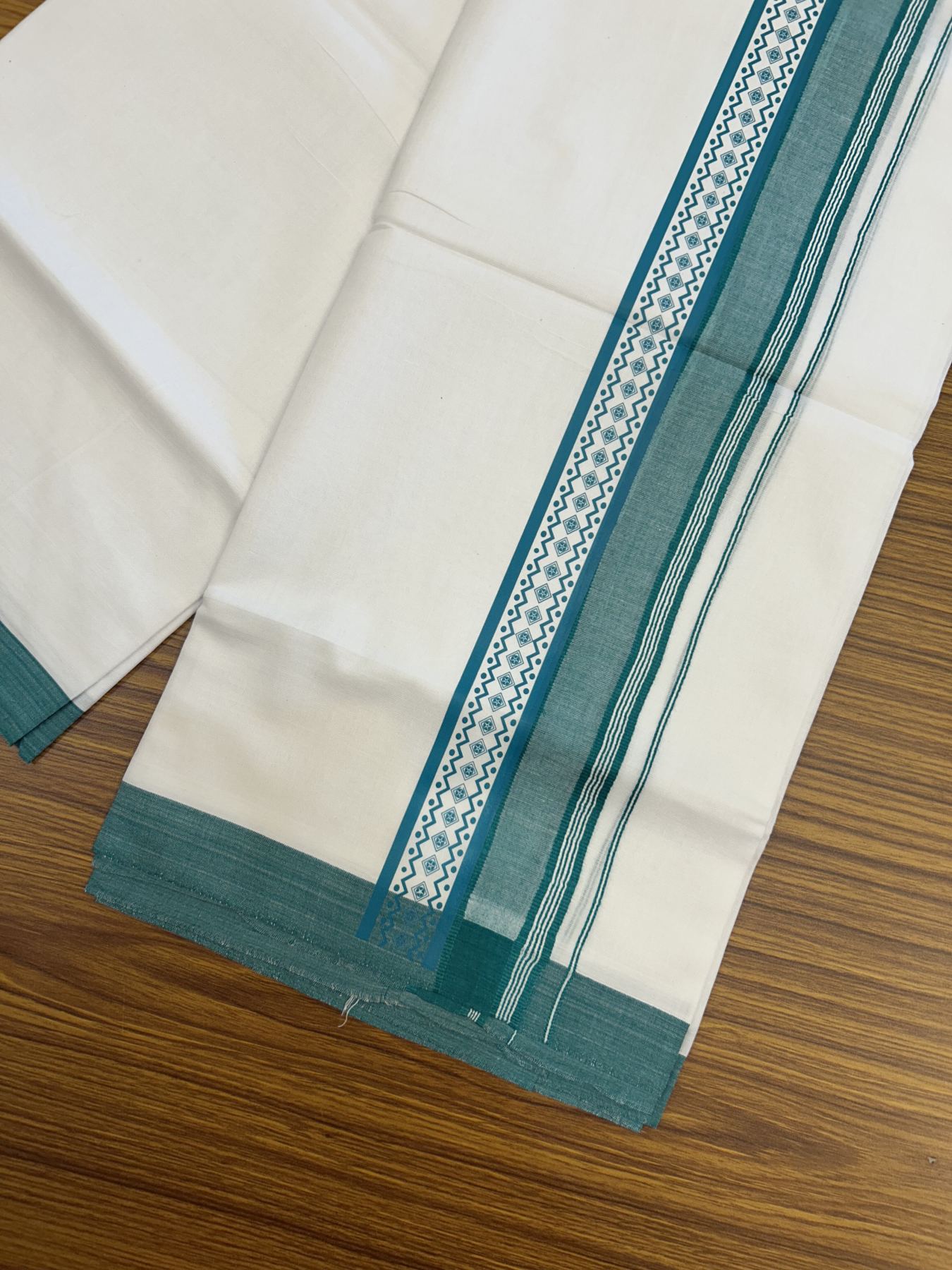 20% Discount ! KaithariKada Balaramapuram Cotton Double Pure white Mundu/Dhoti- 80s - 2.5 inch Blue Green Printed Shade Stripes Design Kara - 3.65 mtr (8 muzham) - 31 KK5329 GAN