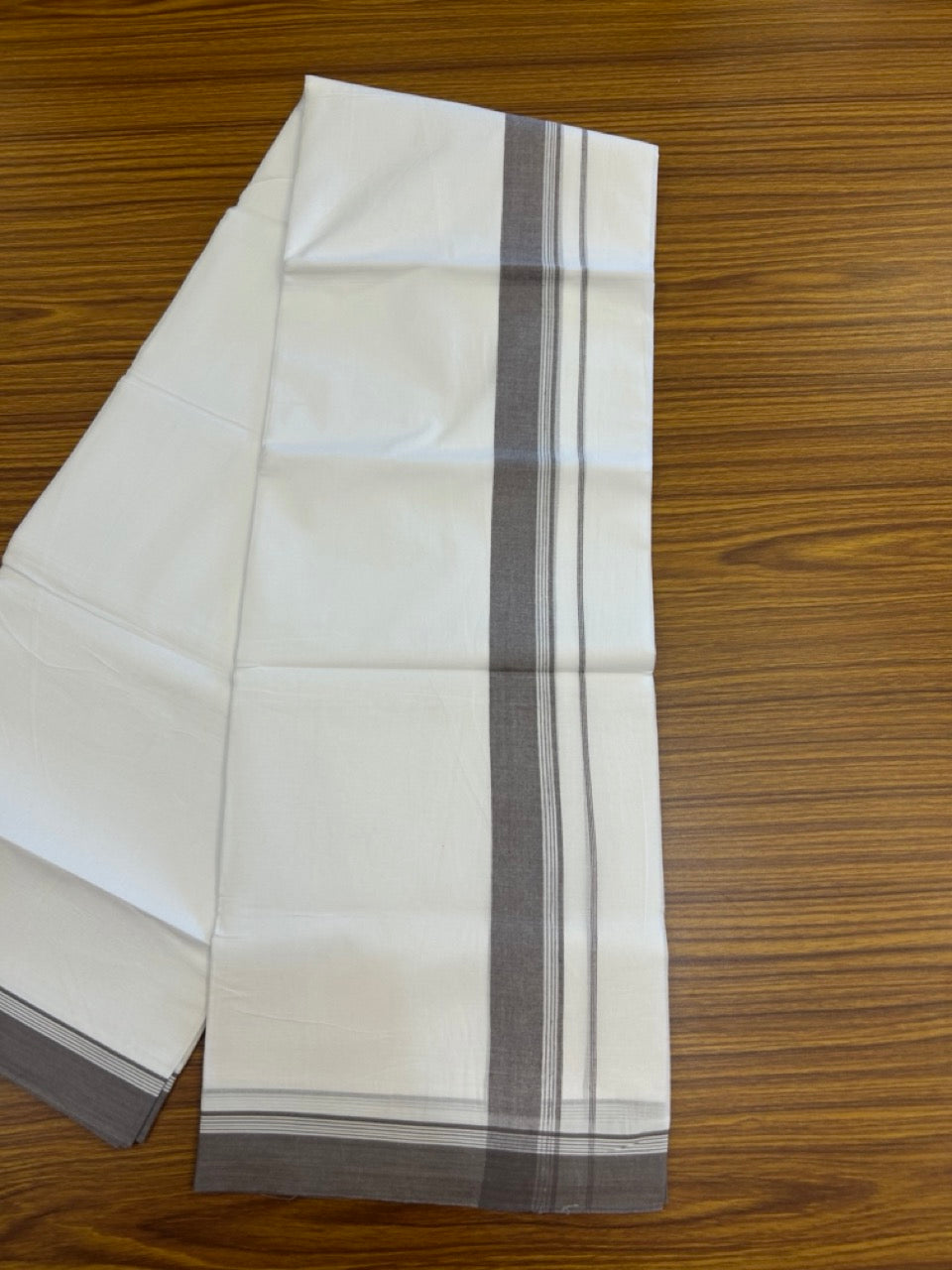 20% Discount ! Kaitharikada Balaramapuram 100% Cotton PURE WHITE Double Mundu/Dothi - 100x80 - 1.5 inch Purple Ash Shaded Striped Kara 3.90 mtr (8 muzham) - 86 KK5294 THI