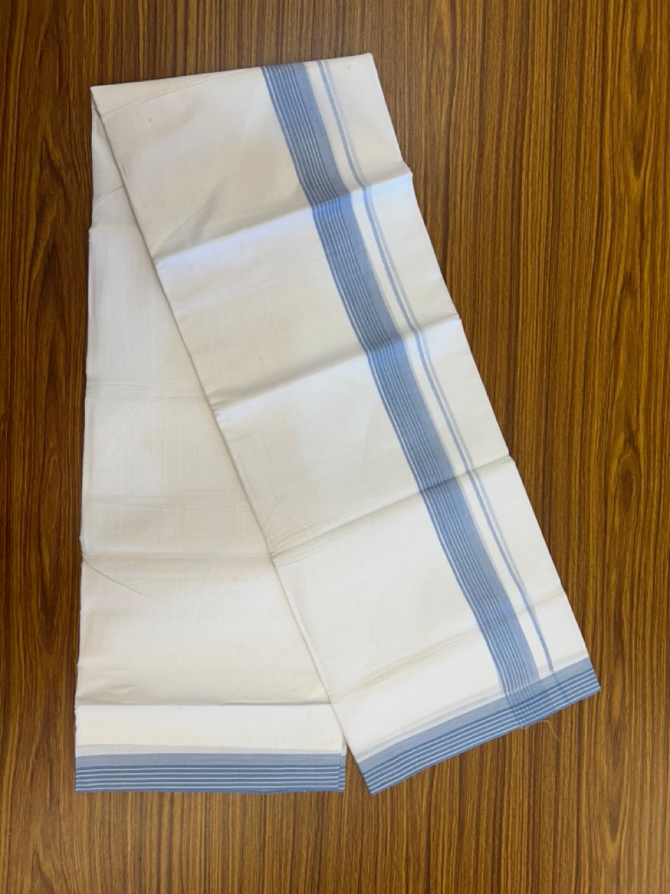 20% Discount ! Kaitharikada Balaramapuram 100% Cotton PURE WHITE Double Mundu/Dothi - 100x80 - 1.25 inch Blue Shaded Striped Kara 3.90 mtr (8 muzham) - 87 KK5294 THI