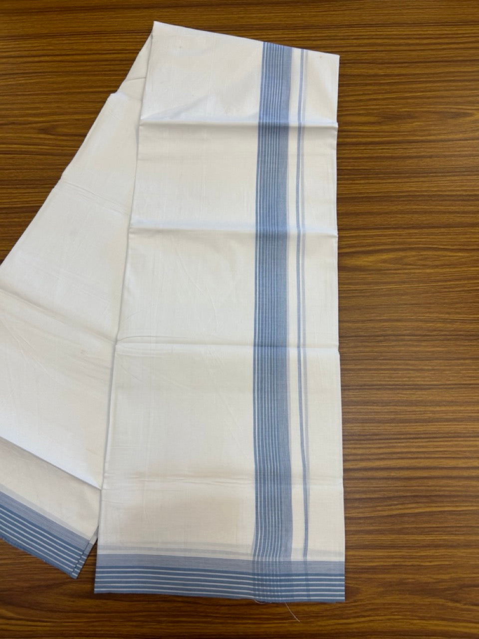 20% Discount ! Kaitharikada Balaramapuram 100% Cotton PURE WHITE Double Mundu/Dothi - 100x80 - 1.25 inch Blue Shaded Striped Kara 3.90 mtr (8 muzham) - 87 KK5294 THI