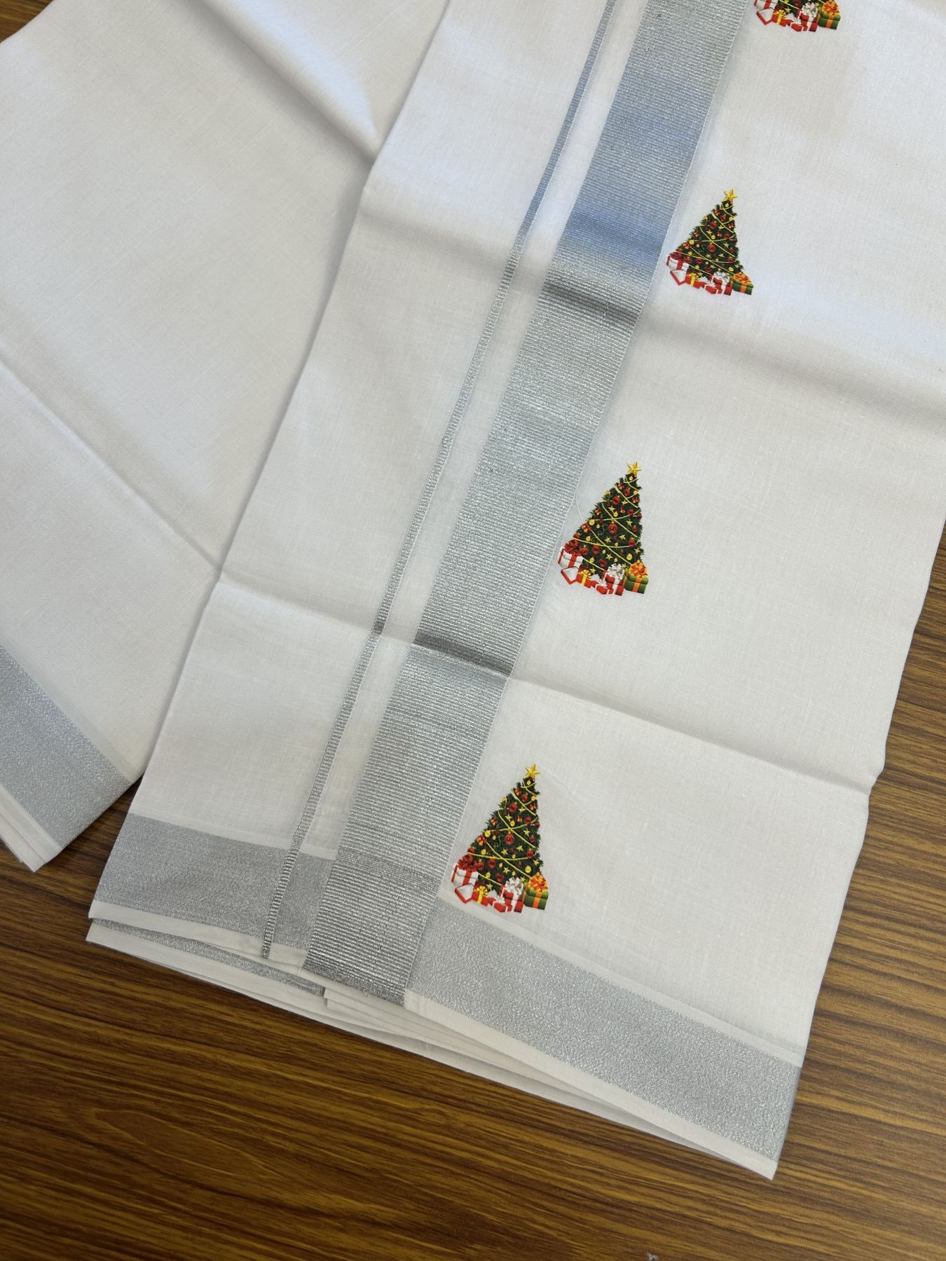 Christmas Special - 35% Discount ! KaithariKada Balaramapuram - Double Pure white Mundu/Dhoti- 60s - 50% Cotton & 50% Polyester - 1.5 inch Silver Kasav Christmas tree Printed Kara - 3.70 mtr (8 muzham) - 67 KK5329 GAN