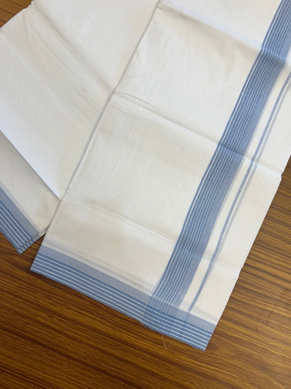 20% Discount ! Kaitharikada Balaramapuram 100% Cotton PURE WHITE Double Mundu/Dothi - 100x80 - 1.25 inch Blue Shaded Striped Kara 3.90 mtr (8 muzham) - 87 KK5294 THI