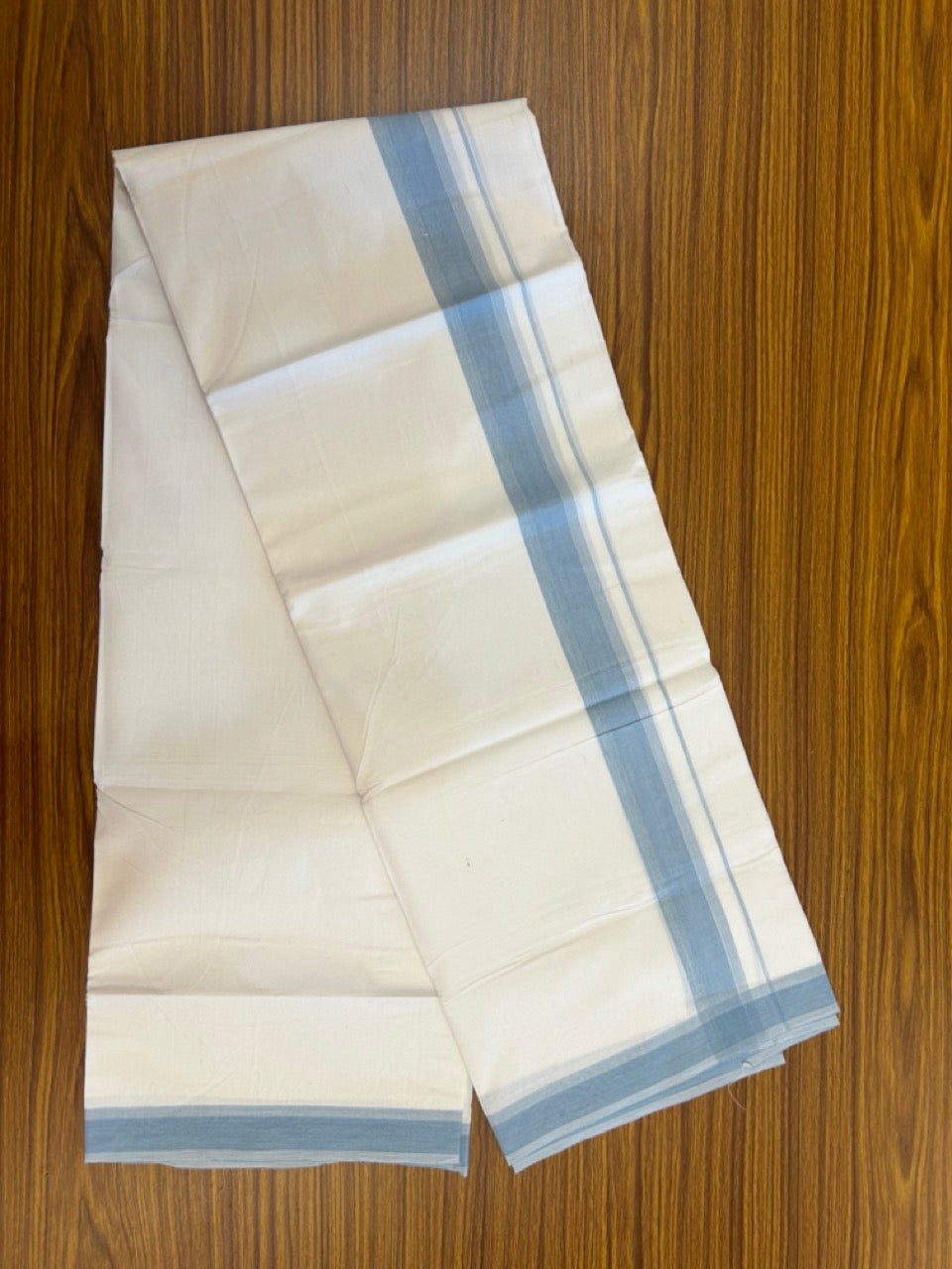 20% Discount ! Kaitharikada Balaramapuram 100% Cotton PURE WHITE Double Mundu/Dothi - 100x80 - 1.5 inch Light Blue Shaded Striped Kara 3.90 mtr (8 muzham) - 88 KK5294 THI