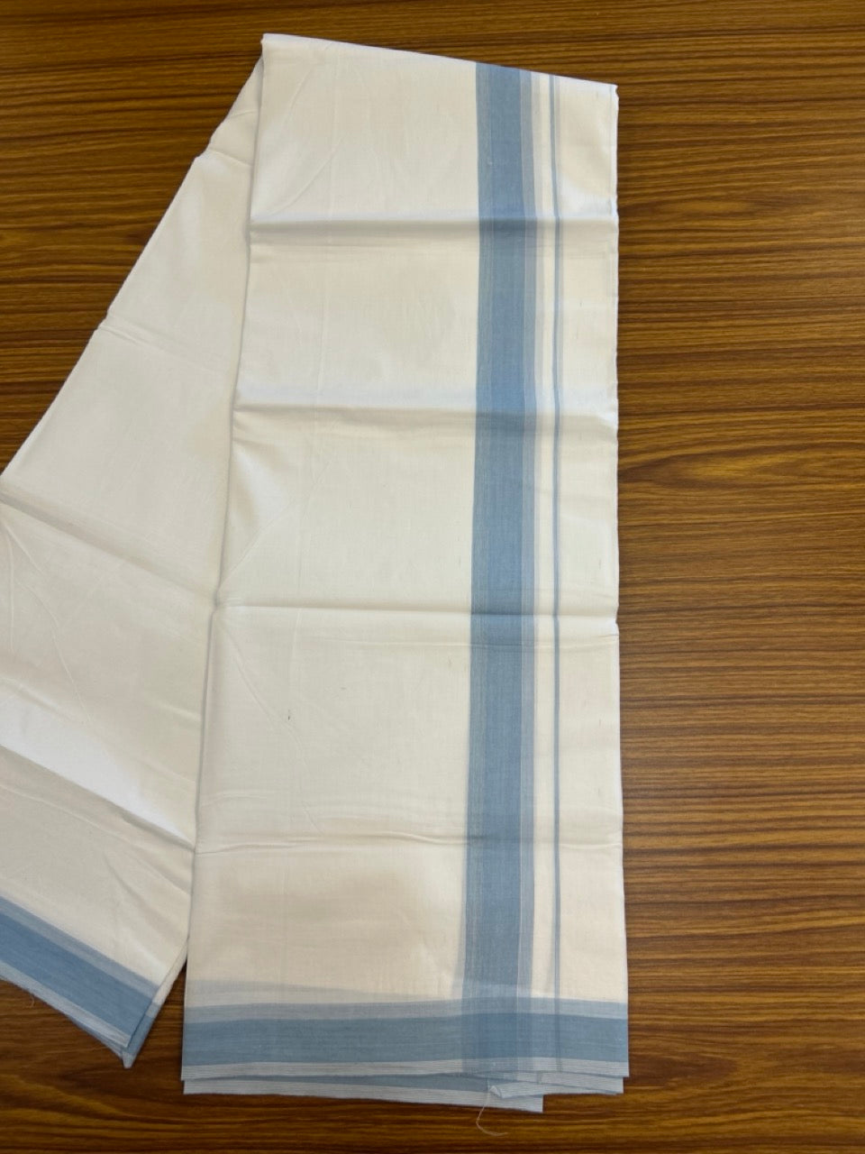 20% Discount ! Kaitharikada Balaramapuram 100% Cotton PURE WHITE Double Mundu/Dothi - 100x80 - 1.5 inch Light Blue Shaded Striped Kara 3.90 mtr (8 muzham) - 88 KK5294 THI