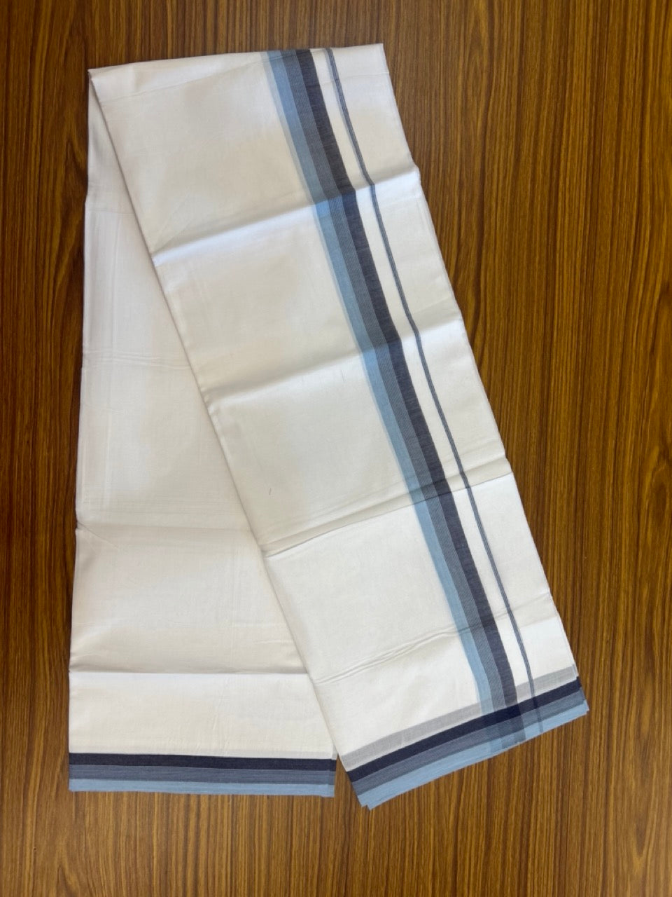 20% Discount ! Kaitharikada Balaramapuram 100% Cotton PURE WHITE Double Mundu/Dothi - 100x80 - 1.25 inch Light Blue & Blue Shaded Striped Kara 3.90 mtr (8 muzham) - 89 KK5294 THI
