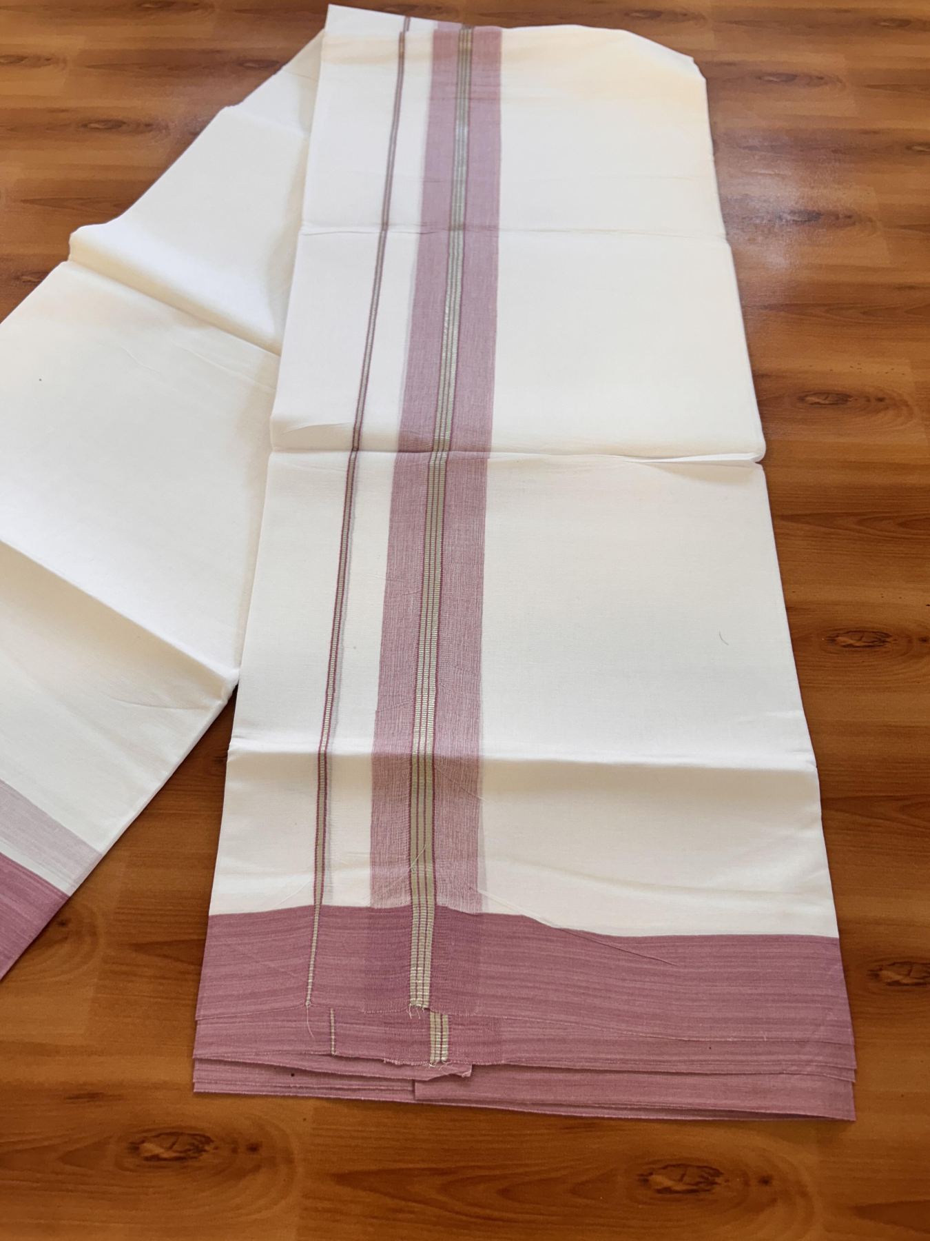 Pure White Double Mundu/Dhoti - 20% Discount ! Kaitharikada Balaramapuram 100% Cotton - 100x80 - 1.5 inch Silver Kasav & Pestel Pink Shaded Striped Kara 3.90 m (8 muzham) - 21 KK5432 PMC