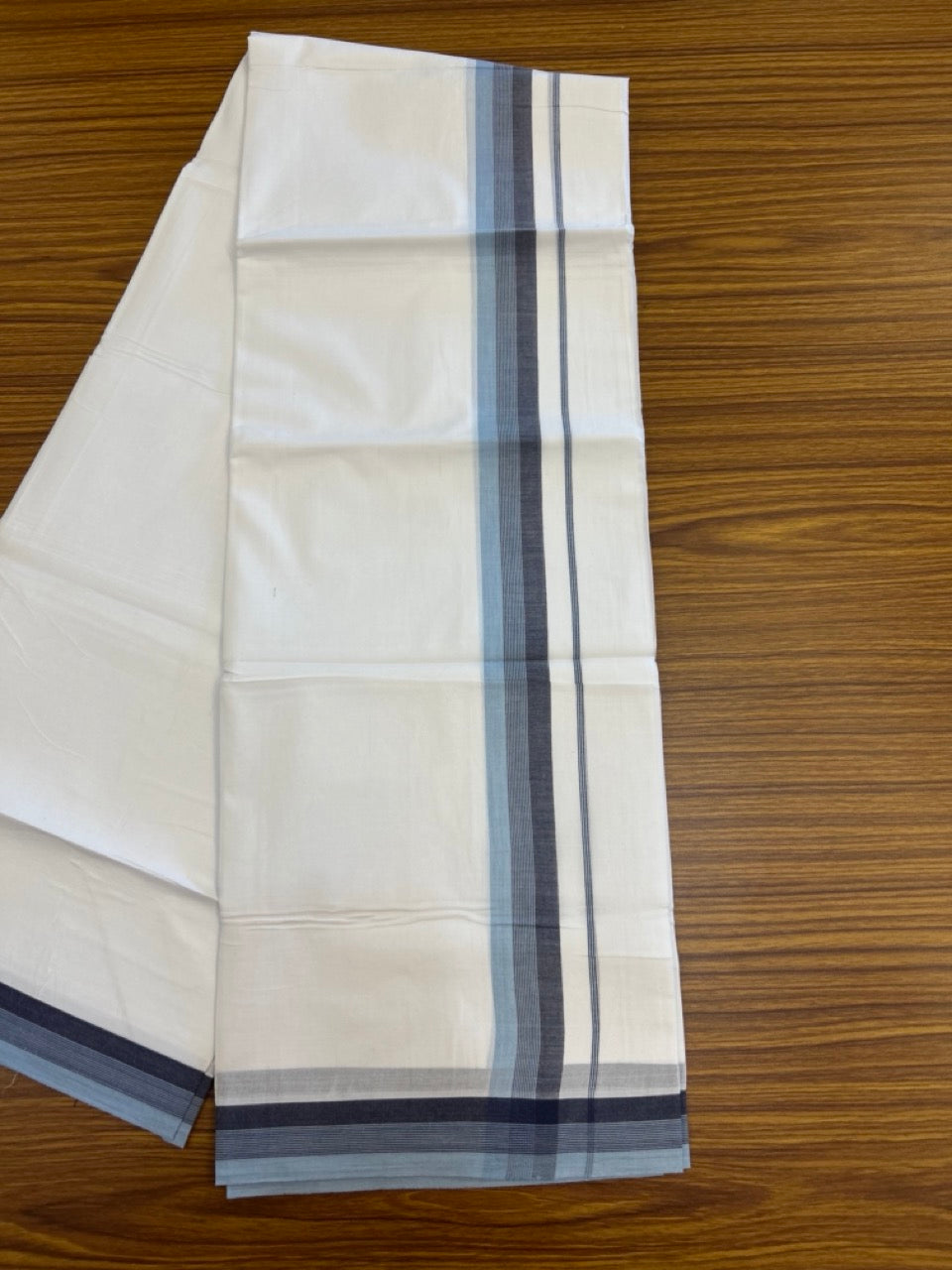20% Discount ! Kaitharikada Balaramapuram 100% Cotton PURE WHITE Double Mundu/Dothi - 100x80 - 1.25 inch Light Blue & Blue Shaded Striped Kara 3.90 mtr (8 muzham) - 89 KK5294 THI