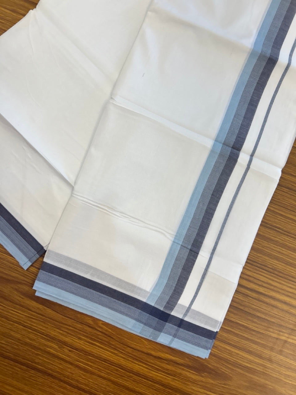 20% Discount ! Kaitharikada Balaramapuram 100% Cotton PURE WHITE Double Mundu/Dothi - 100x80 - 1.25 inch Light Blue & Blue Shaded Striped Kara 3.90 mtr (8 muzham) - 89 KK5294 THI