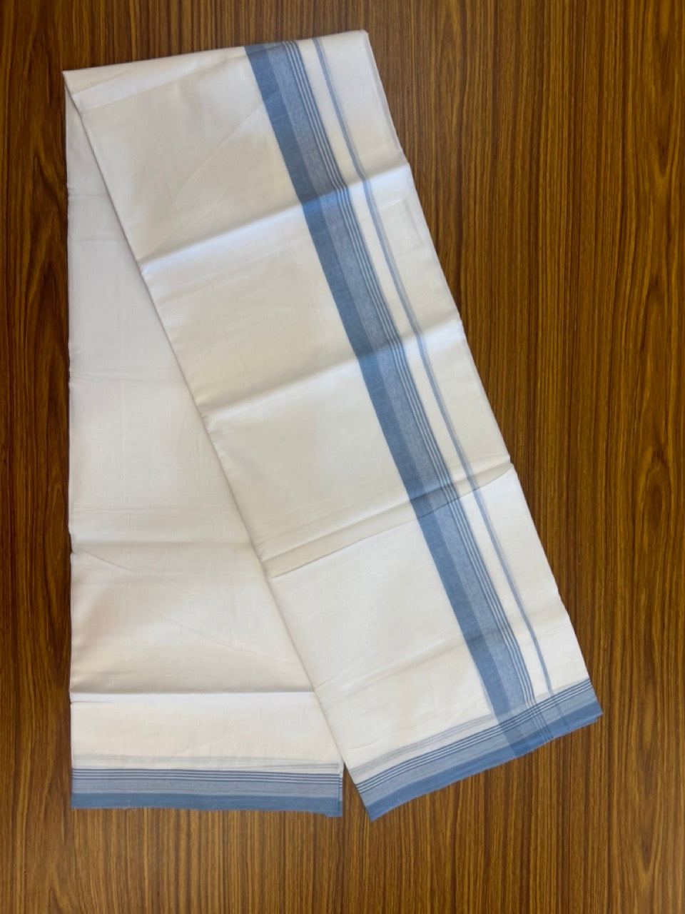 20% Discount ! Kaitharikada Balaramapuram 100% Cotton PURE WHITE Double Mundu/Dothi - 100x80 - 1.5 inch Light Blue Shaded Striped Kara 3.90 mtr (8 muzham) - 90 KK5294 THI